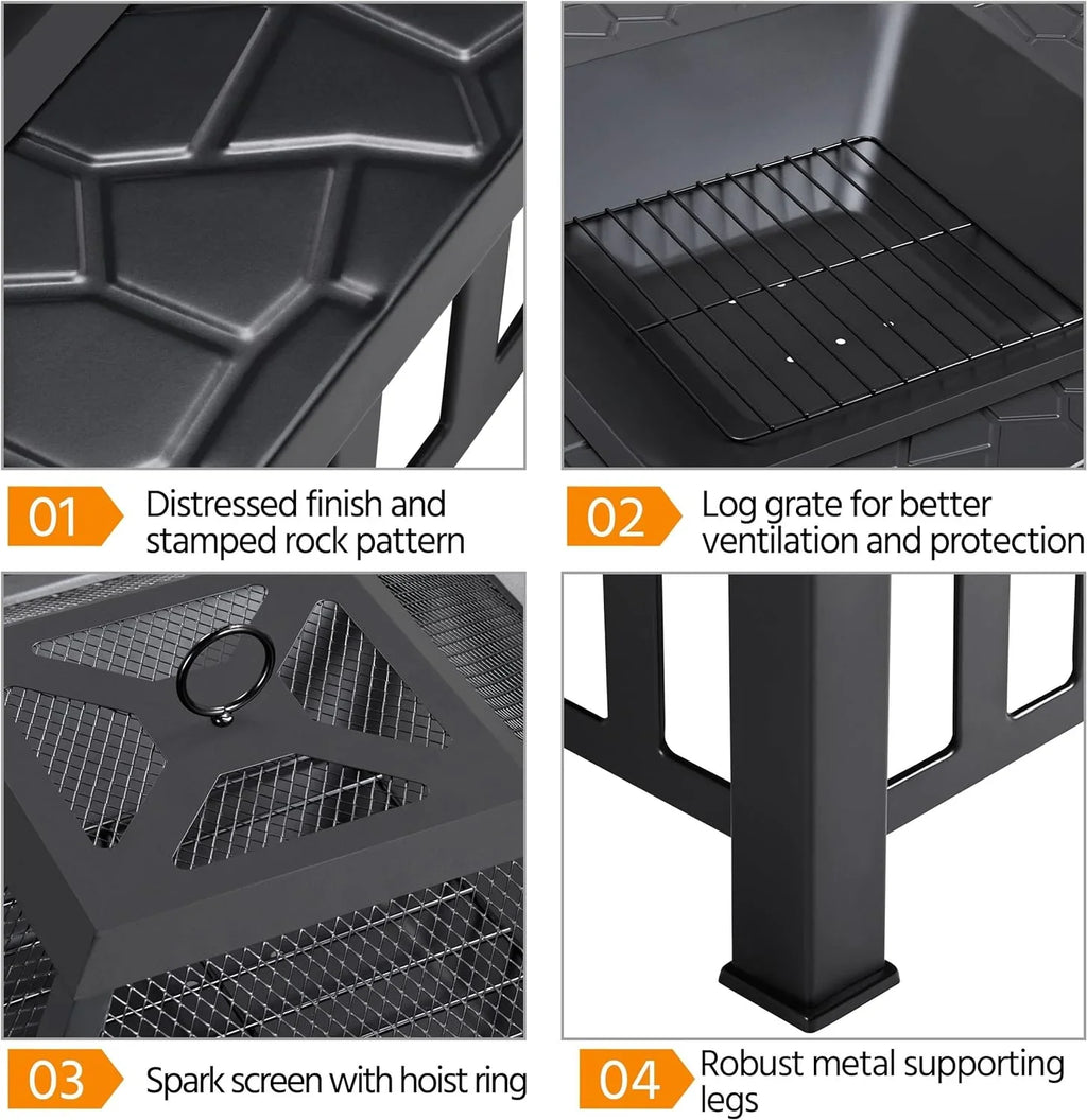 Yaheetech Table de foyer multifonctionnelle 32 pouces carré en métal foyer poêle arrière-cour patio jardin cheminée pour camping, chauffage extérieur, feu de joie et pique-nique