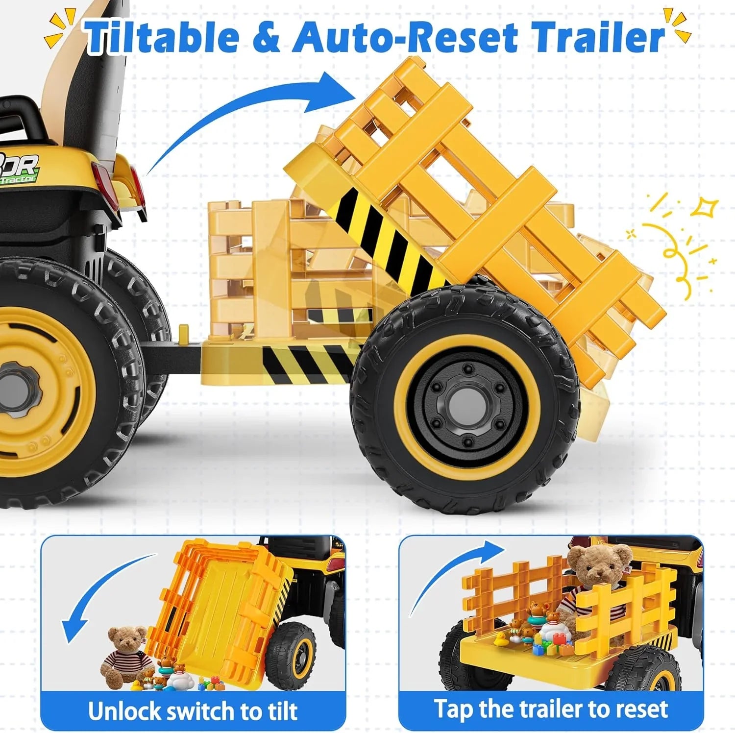 Tracteur autoporté 24 V avec remorque inclinable et amovible, 2 moteurs de 65 W, pneus EVA, télécommande, Bluetooth, levier de vitesse, musique, voiture électrique pour enfants, vert