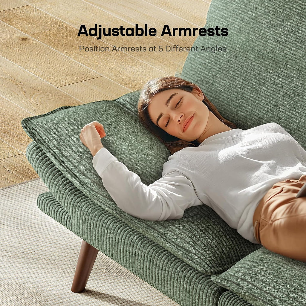 Canapé-lit futon, canapé futon avec dossier et accoudoirs réglables, convertible en petit canapé-lit causeuse en velours côtelé vert