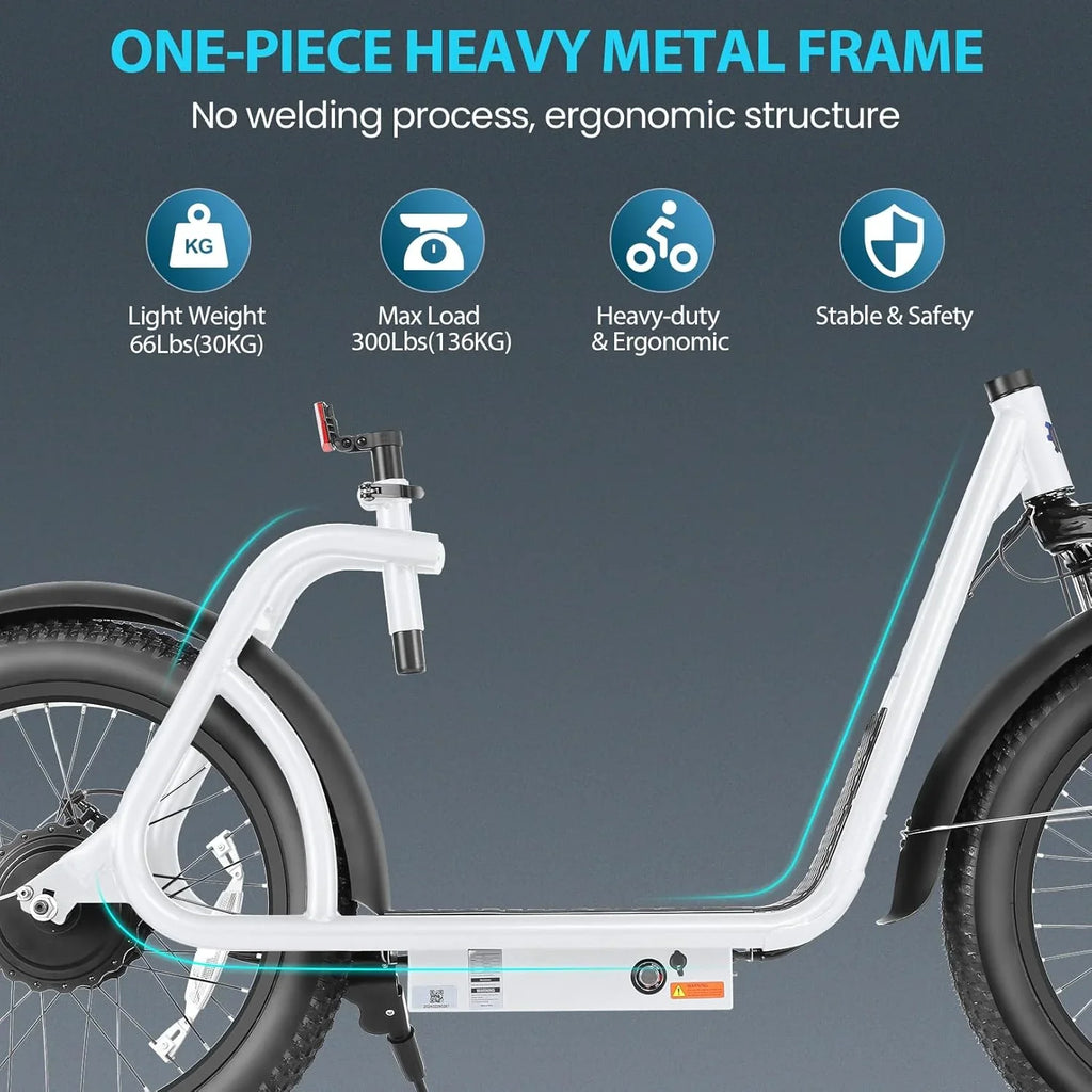 Trottinette électrique pliable Caroma Peak 800 W pour adulte avec pneus de 20 pouces de large, batterie 48 V, panier et siège réglable.