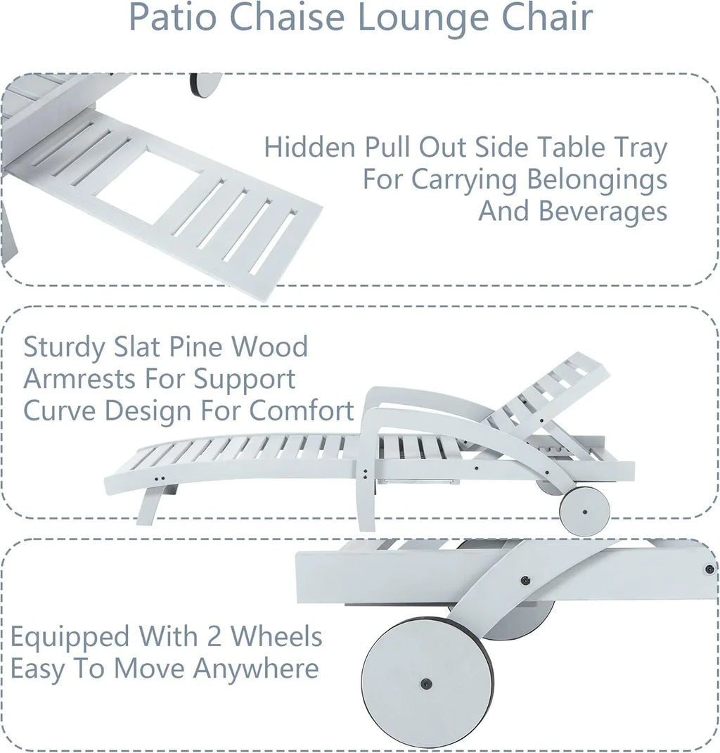 Chaise longue de piscine réglable à 5 positions Chaise longue en bois avec table d'appoint coulissante