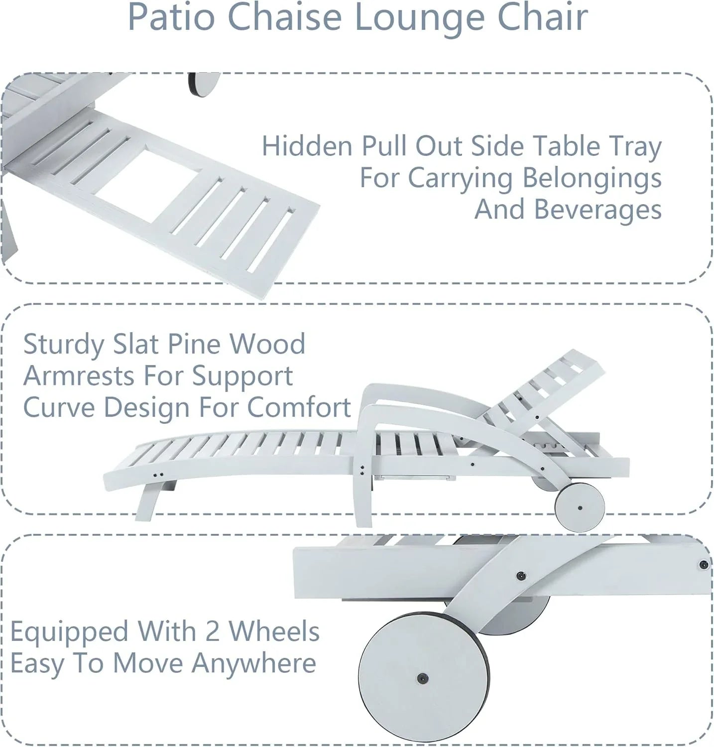 Chaise longue de piscine réglable à 5 positions Chaise longue en bois avec table d'appoint coulissante