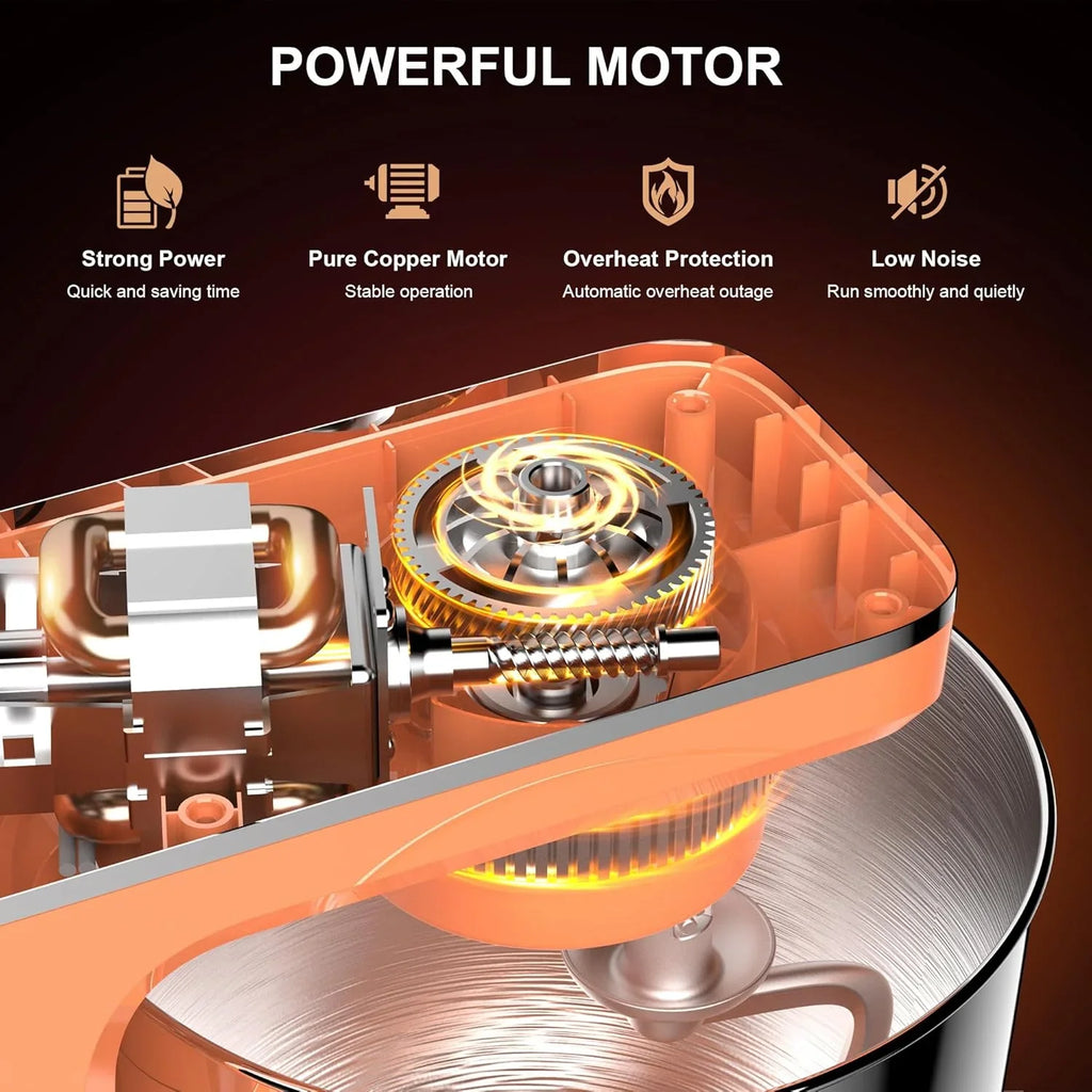 Batteur sur socle 10 vitesses avec protection anti-éclaboussures 8 en 1, tête inclinable, bol en acier inoxydable de 6 litres + crochet pétrisseur/fouet/mixeur/grattoir lavable au lave-vaisselle