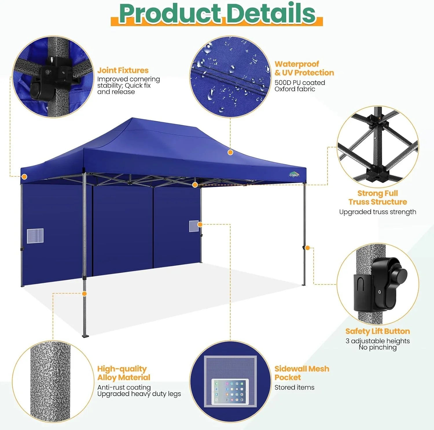 Tente pop-up robuste COBIZI 10x20 avec 6 parois latérales, facile à installer