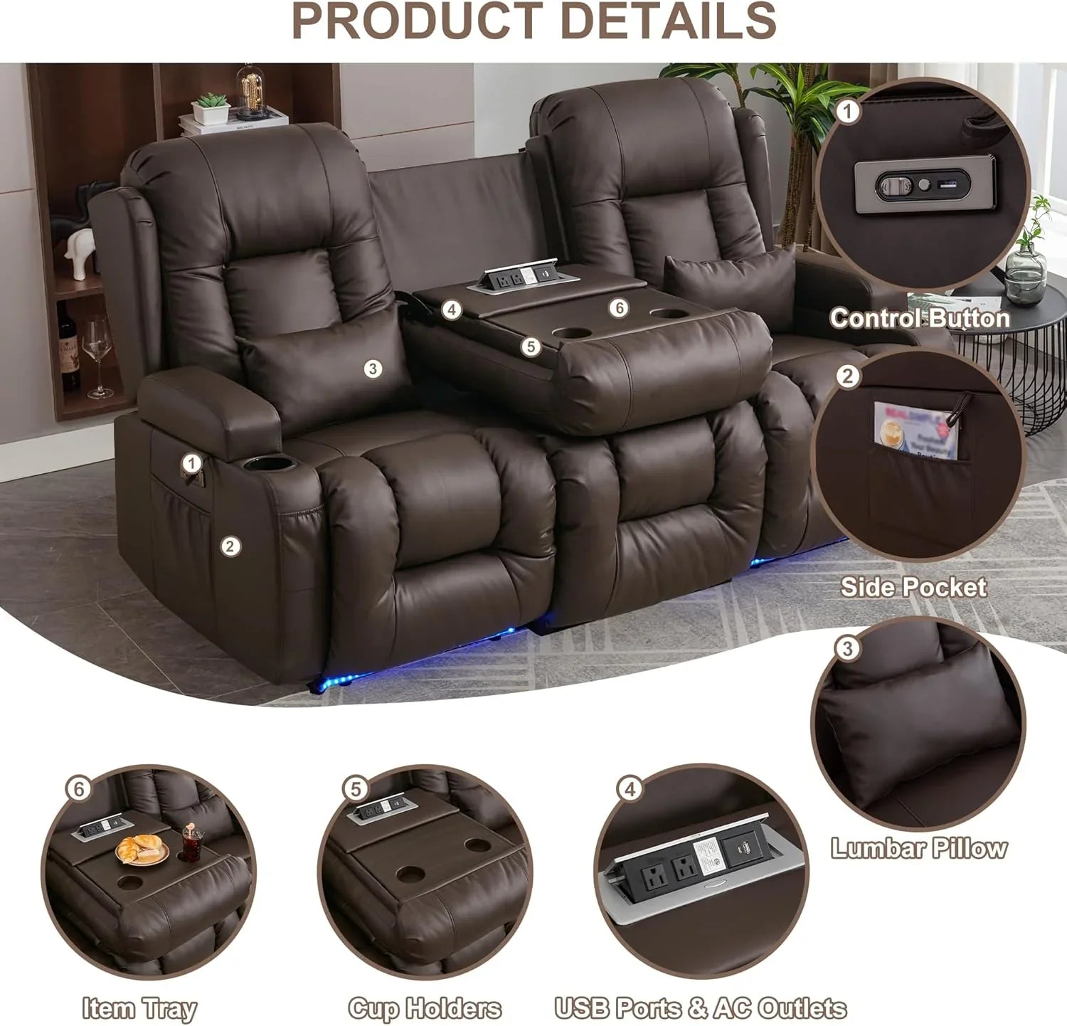 Canapé inclinable électrique TUNYI avec fonctions massage et chauffage, siège home cinéma avec console, canapé inclinable électrique pour camping-car