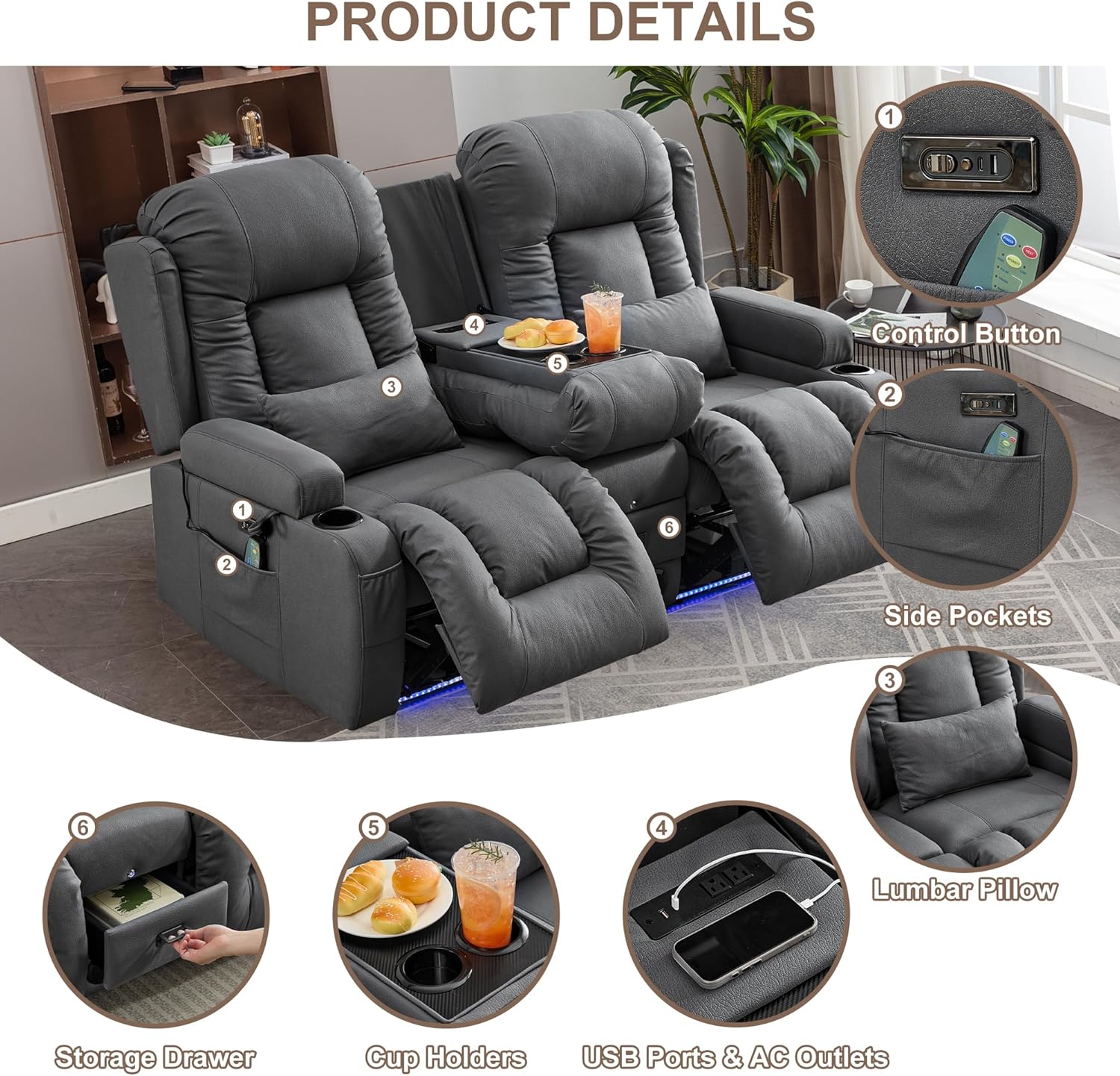 Canapé inclinable électrique TUNYI avec fonctions massage et chauffage, siège home cinéma avec console, canapé inclinable électrique pour camping-car