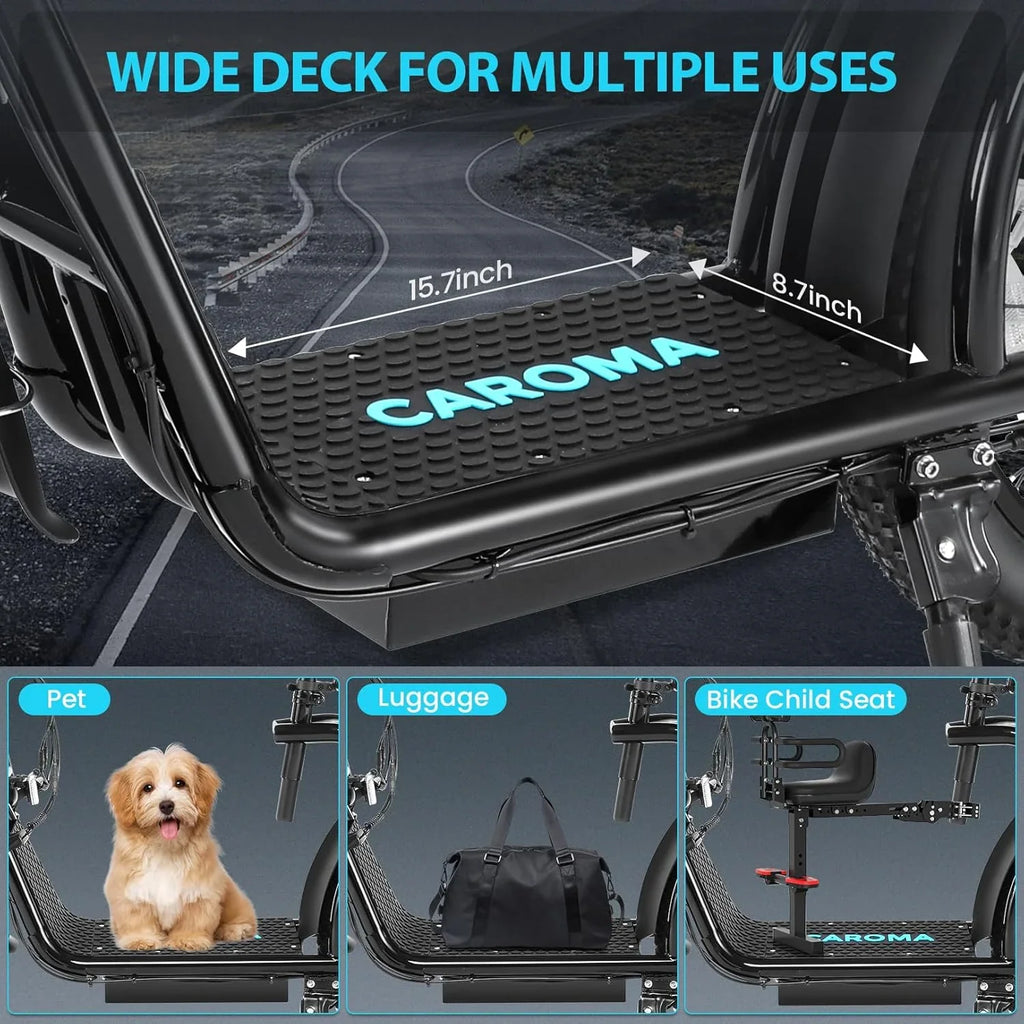 Trottinette électrique pliable Caroma Peak 800 W pour adulte avec pneus de 20 pouces de large, batterie 48 V, panier et siège réglable.