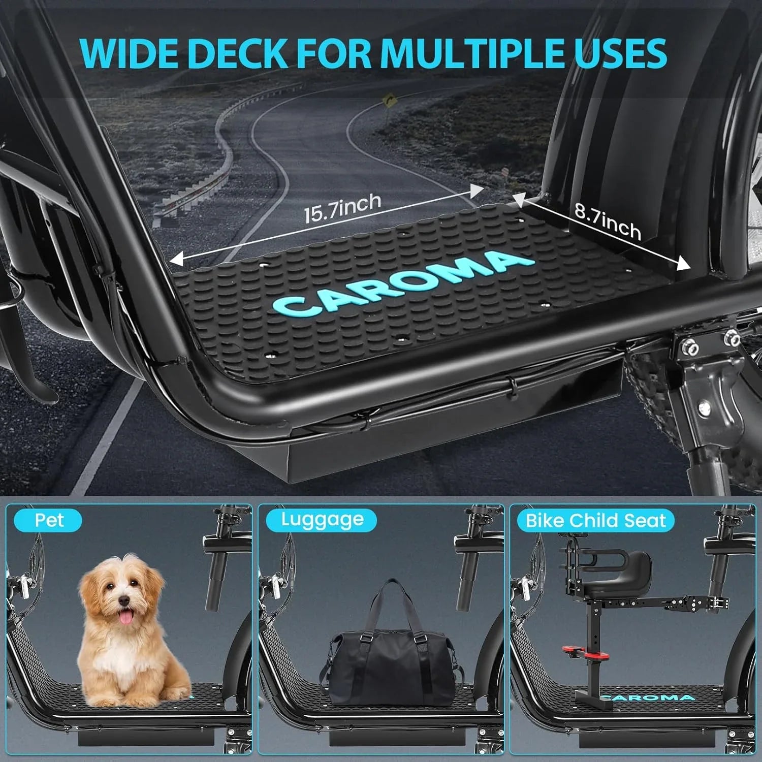 Trottinette électrique pliable Caroma Peak 800 W pour adulte avec pneus de 20 pouces de large, batterie 48 V, panier et siège réglable.