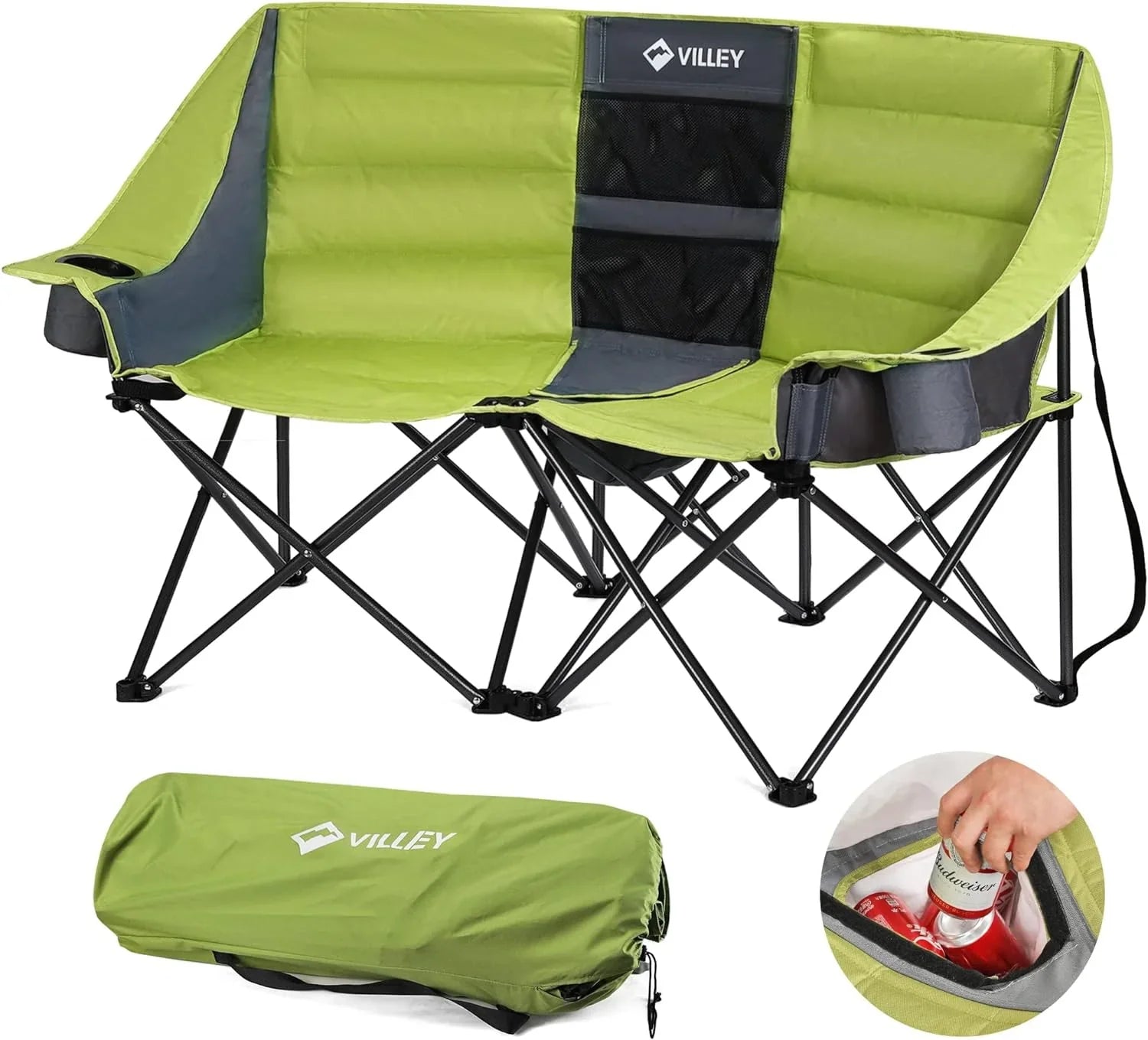 Chaise de camping double (avec sac isotherme), causeuse extra large, canapé de camping rembourré robuste, chaise pliante portable