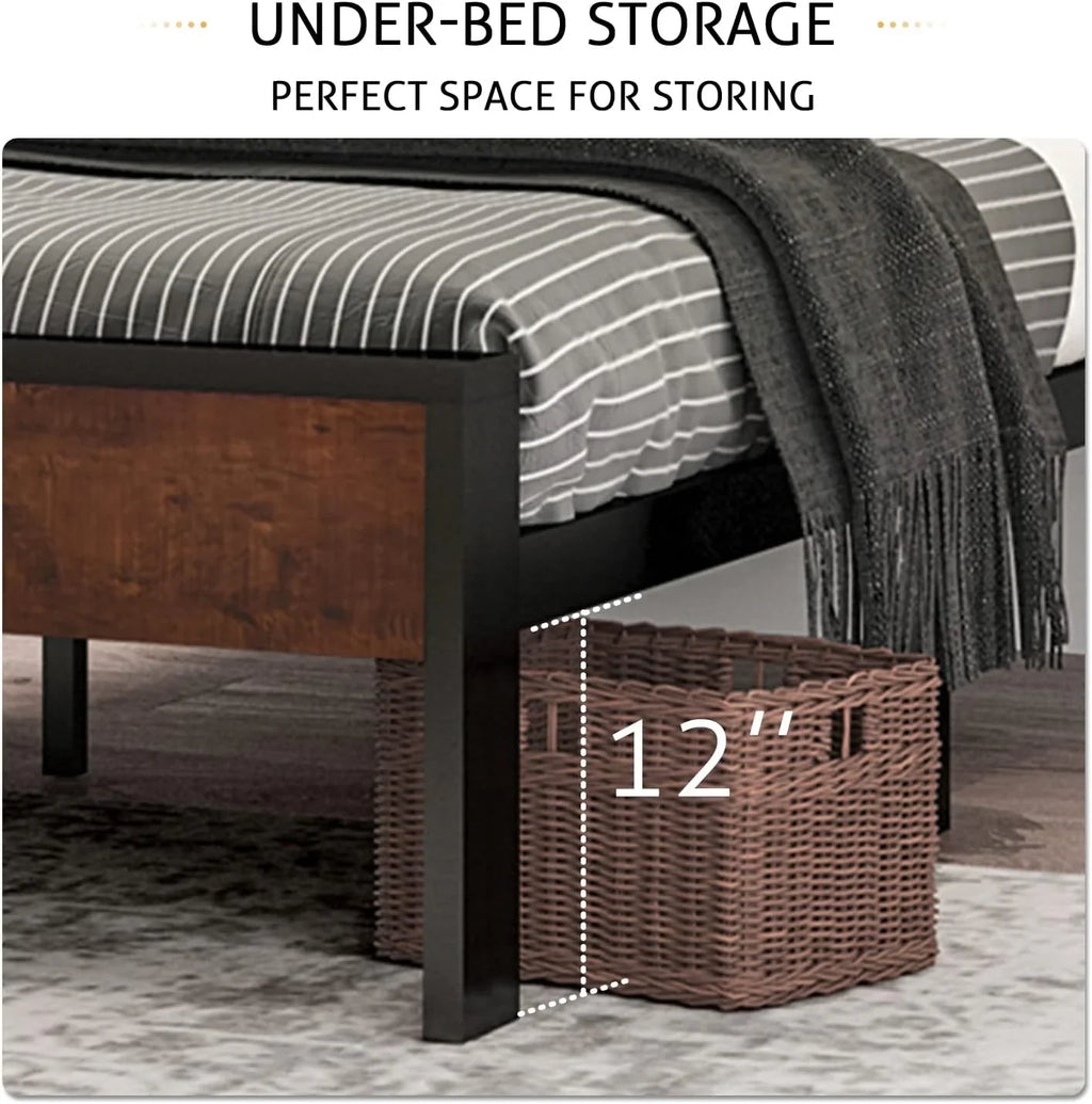 Cadre de lit plateforme en métal Sha Cerlin 14 pouces, antidérapant et silencieux, acajou