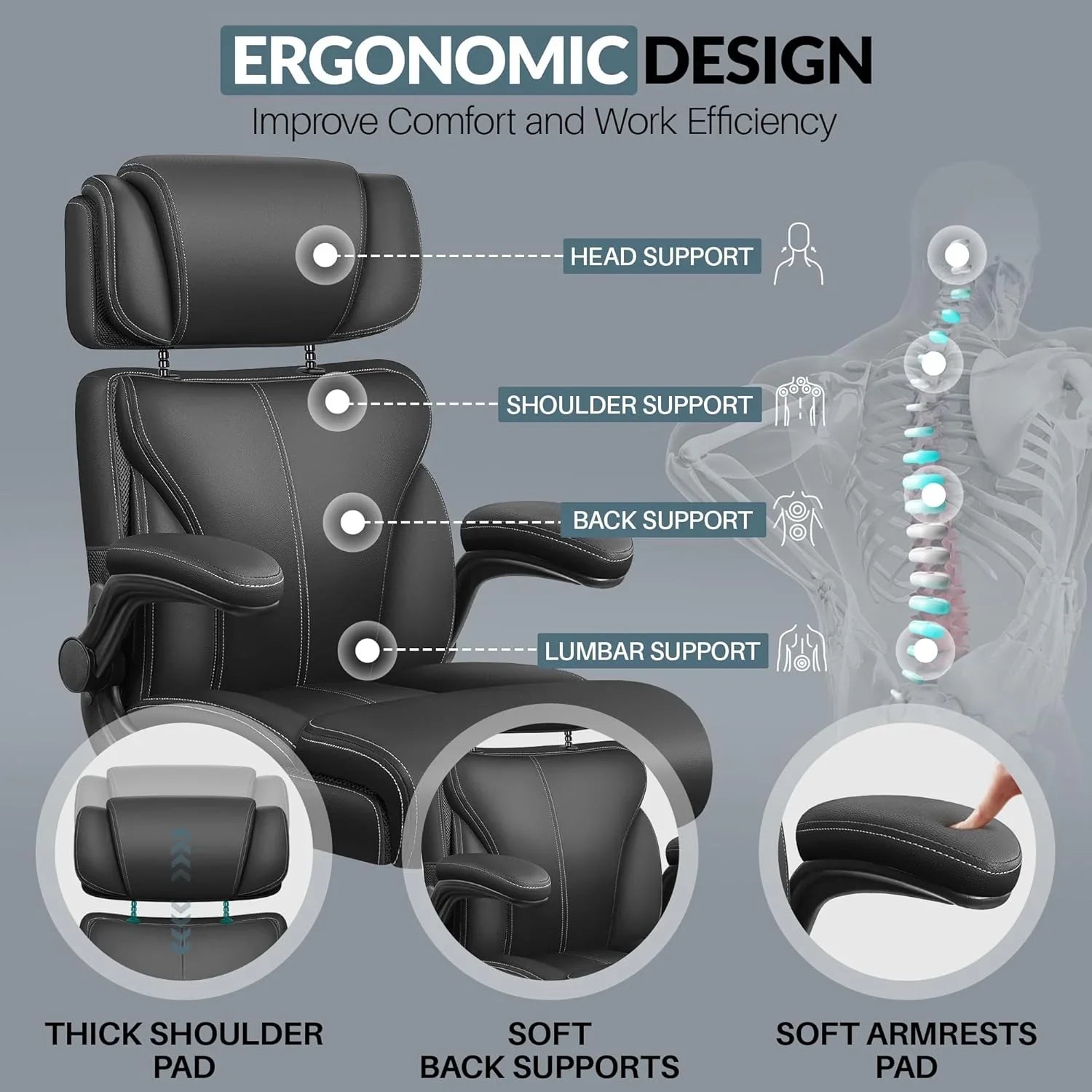 Chaise de bureau pivotante à pieds hauts, en cuir respirant, avec support lombaire