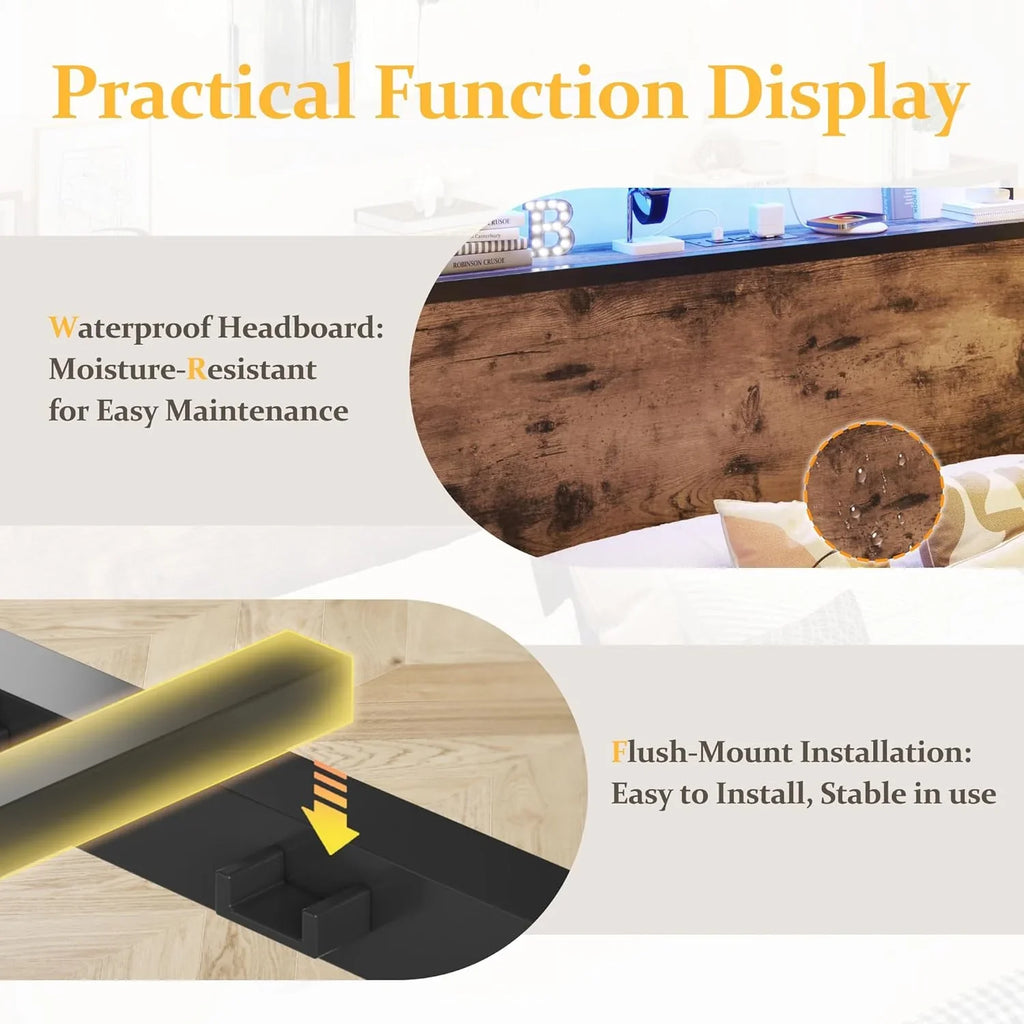 Cadre de lit Queen Lifezone avec tête de lit double et plateau de rangement en métal