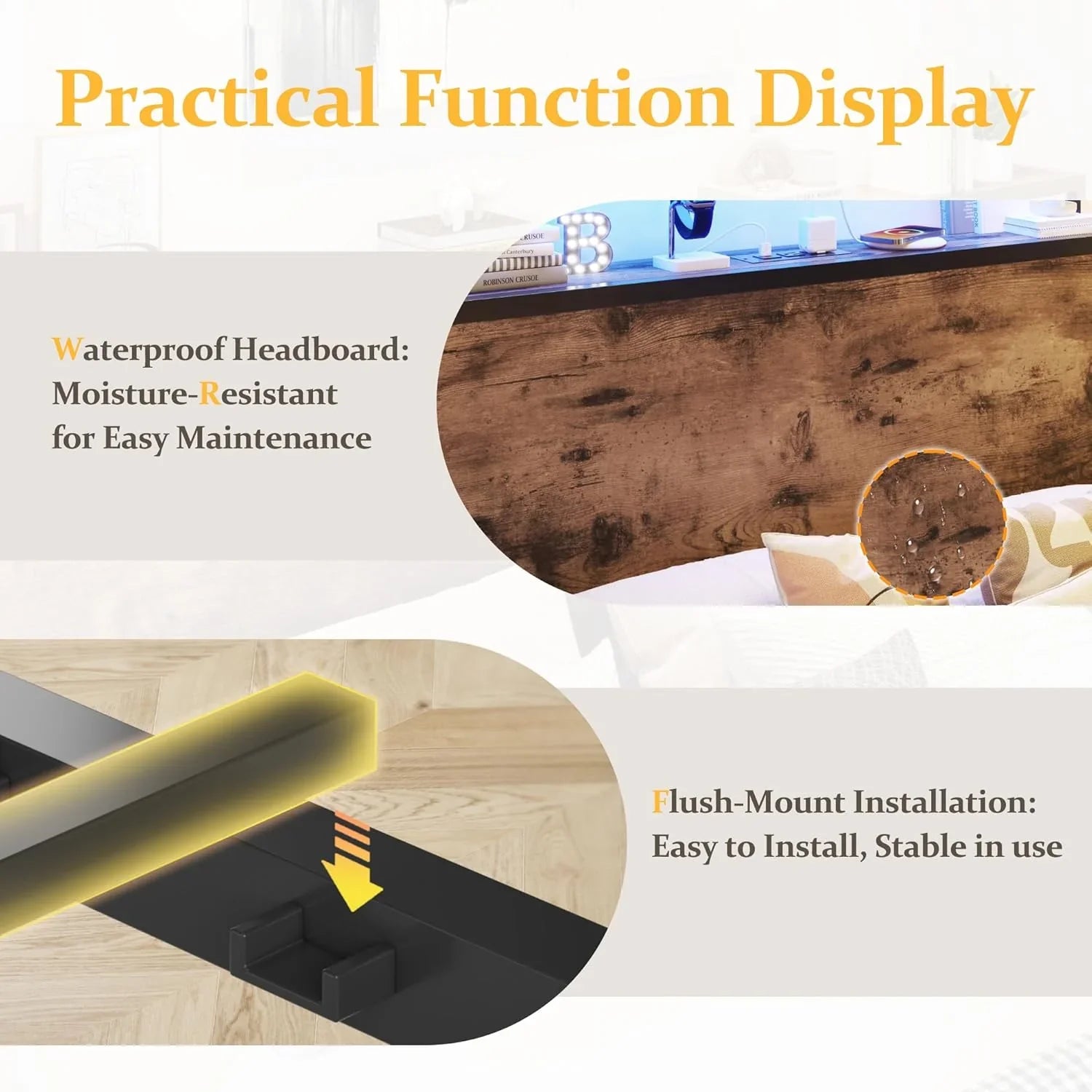 Cadre de lit Queen Lifezone avec tête de lit double et plateau de rangement en métal