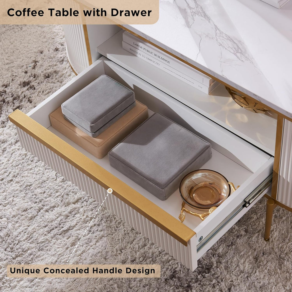 Table basse ovale de luxe moderne rainurée OKD, 48 pouces, avec tiroirs, plateau en imitation marbre