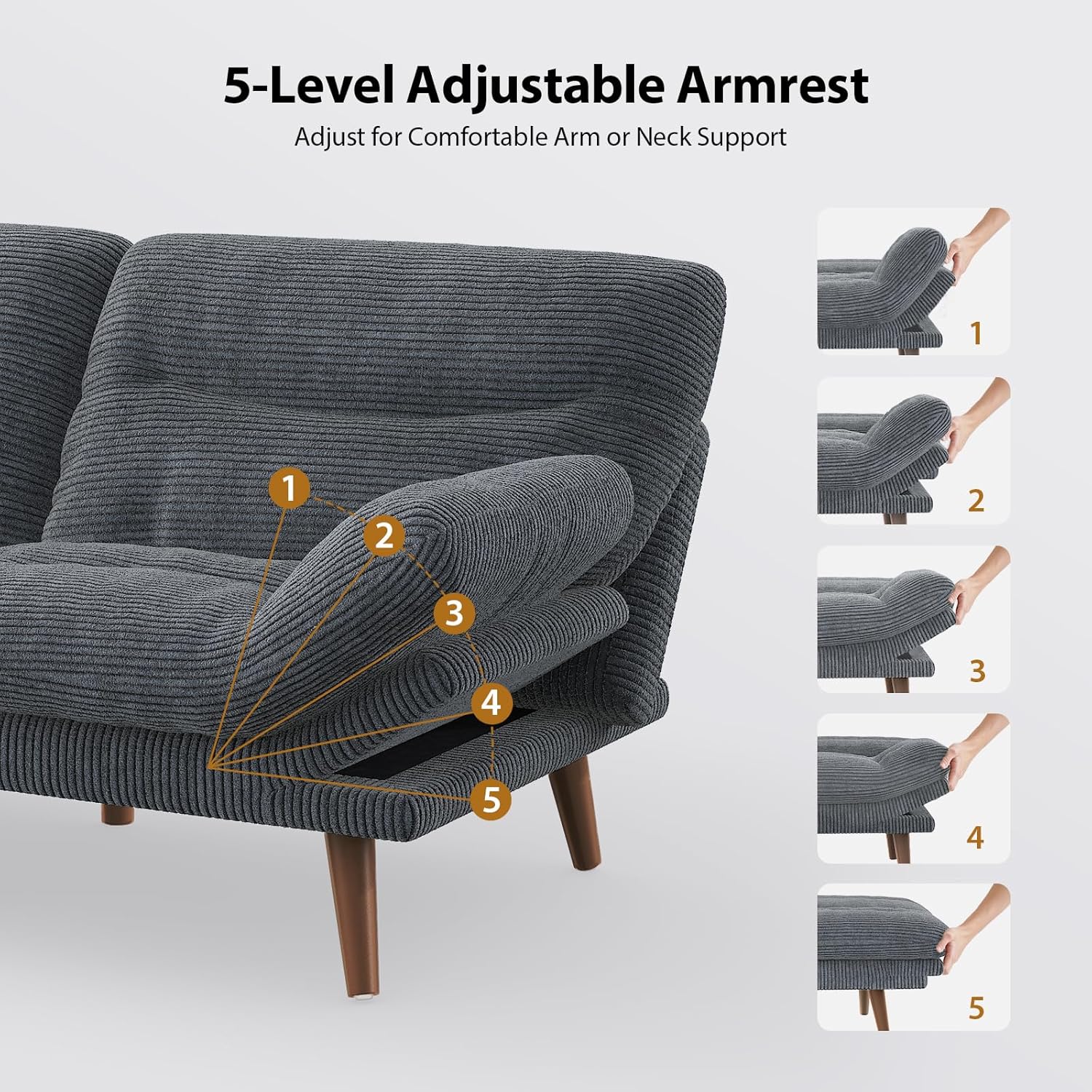 Canapé-lit futon convertible, canapé-lit futon inclinable en velours côtelé de 66 pouces pour petits espaces, salles de jeux ou bureaux