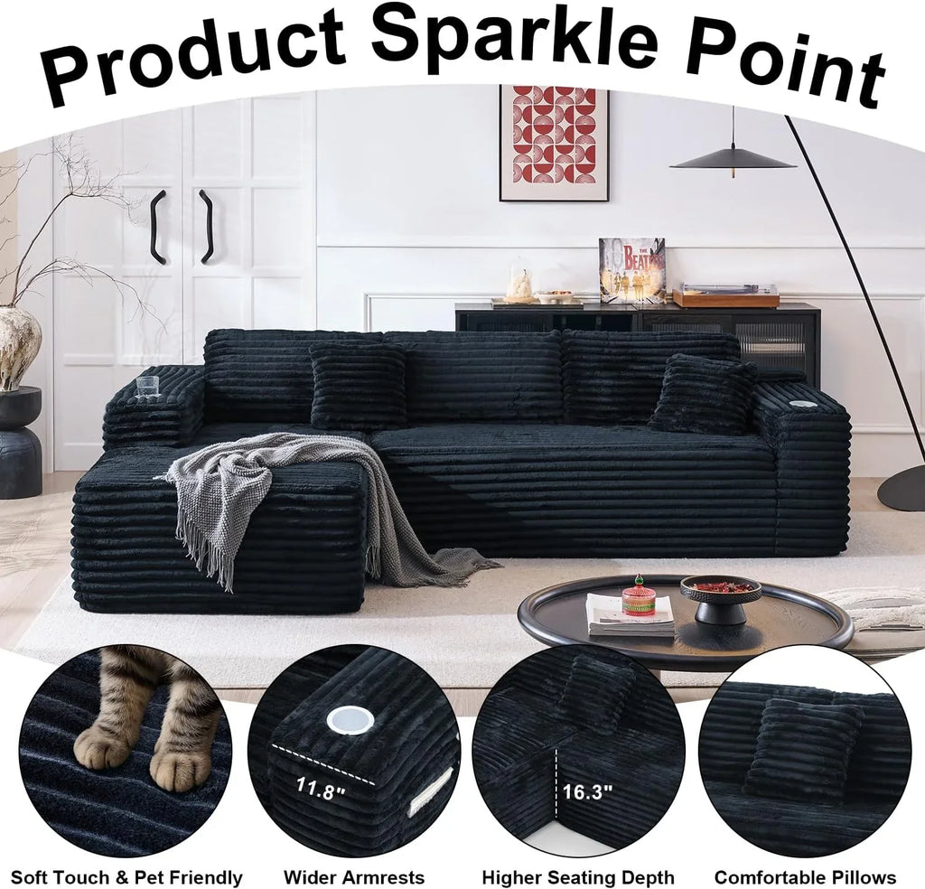 Cloud section sofa with L-shaped recliner, modern modular sofa, built-in cup holder