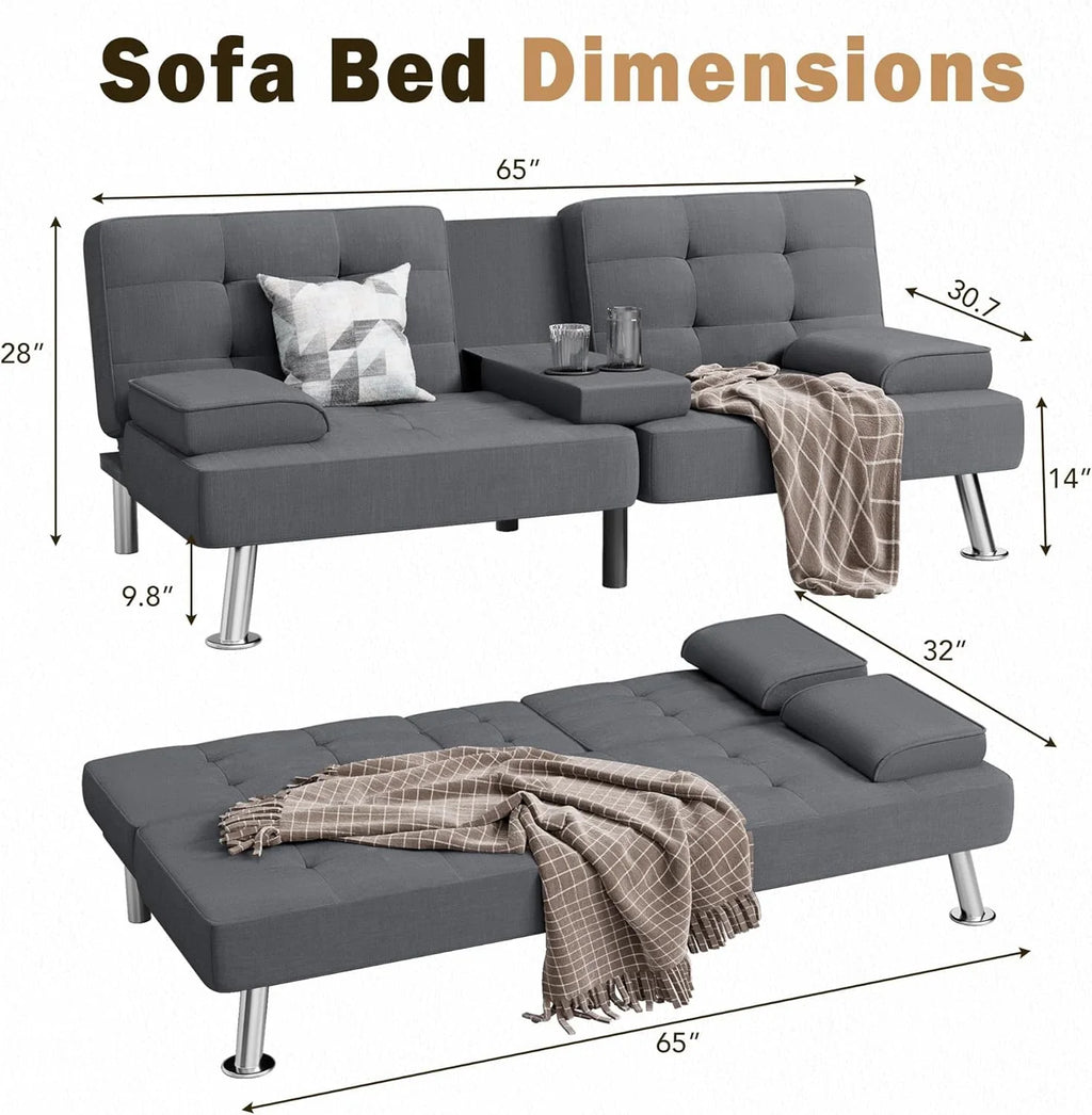 Canapé-lit futon convertible et pliable en lin moderne Shahoo avec accoudoirs amovibles, pieds en métal et 2 porte-gobelets pour le salon