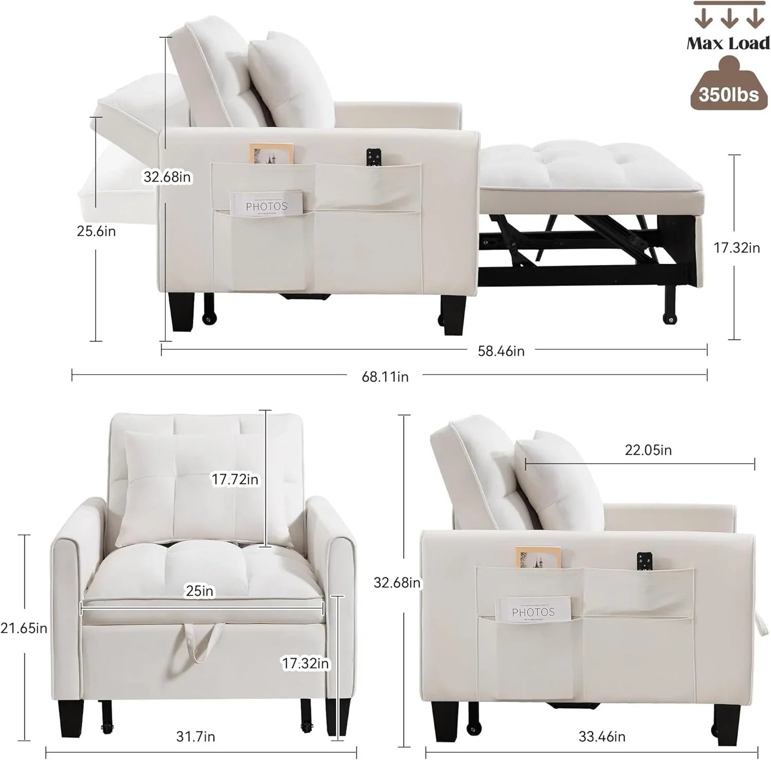 Fauteuil convertible 3 en 1, canapé-lit gigogne, canapé simple en velours avec dossier réglable