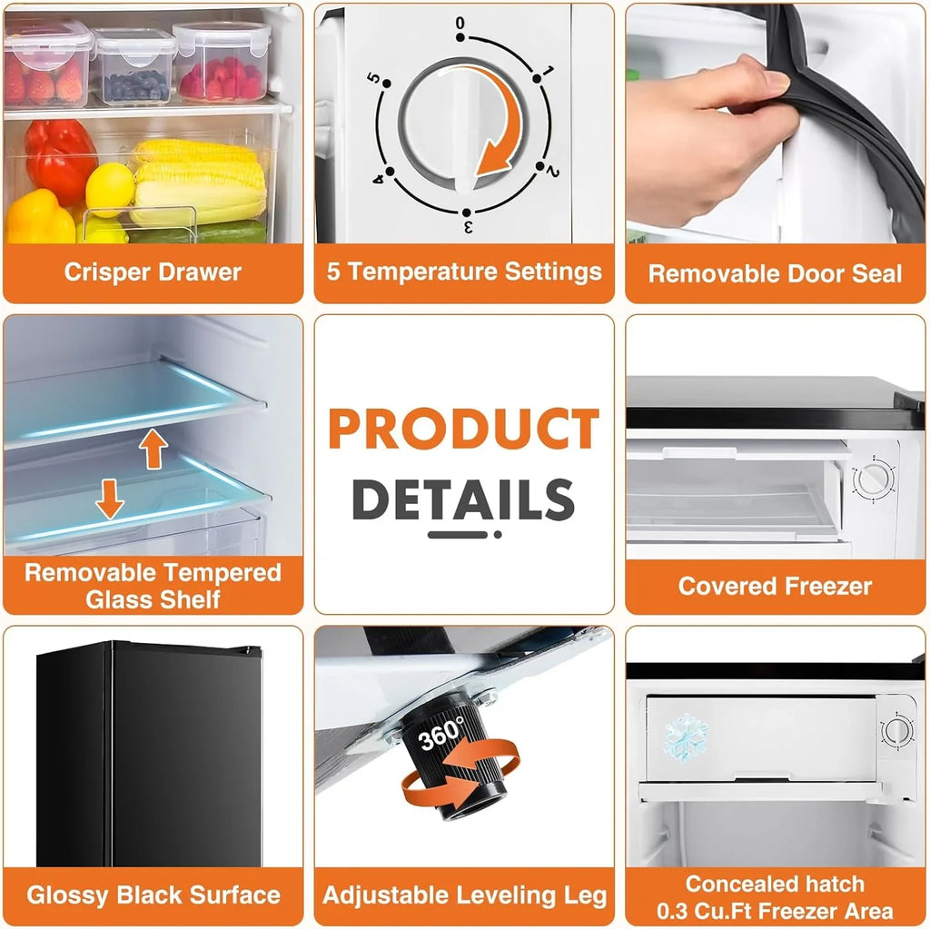 Mini-réfrigérateur Sweetcrispy de 3,2 pieds cubes avec congélateur, porte simple, thermostat réglable