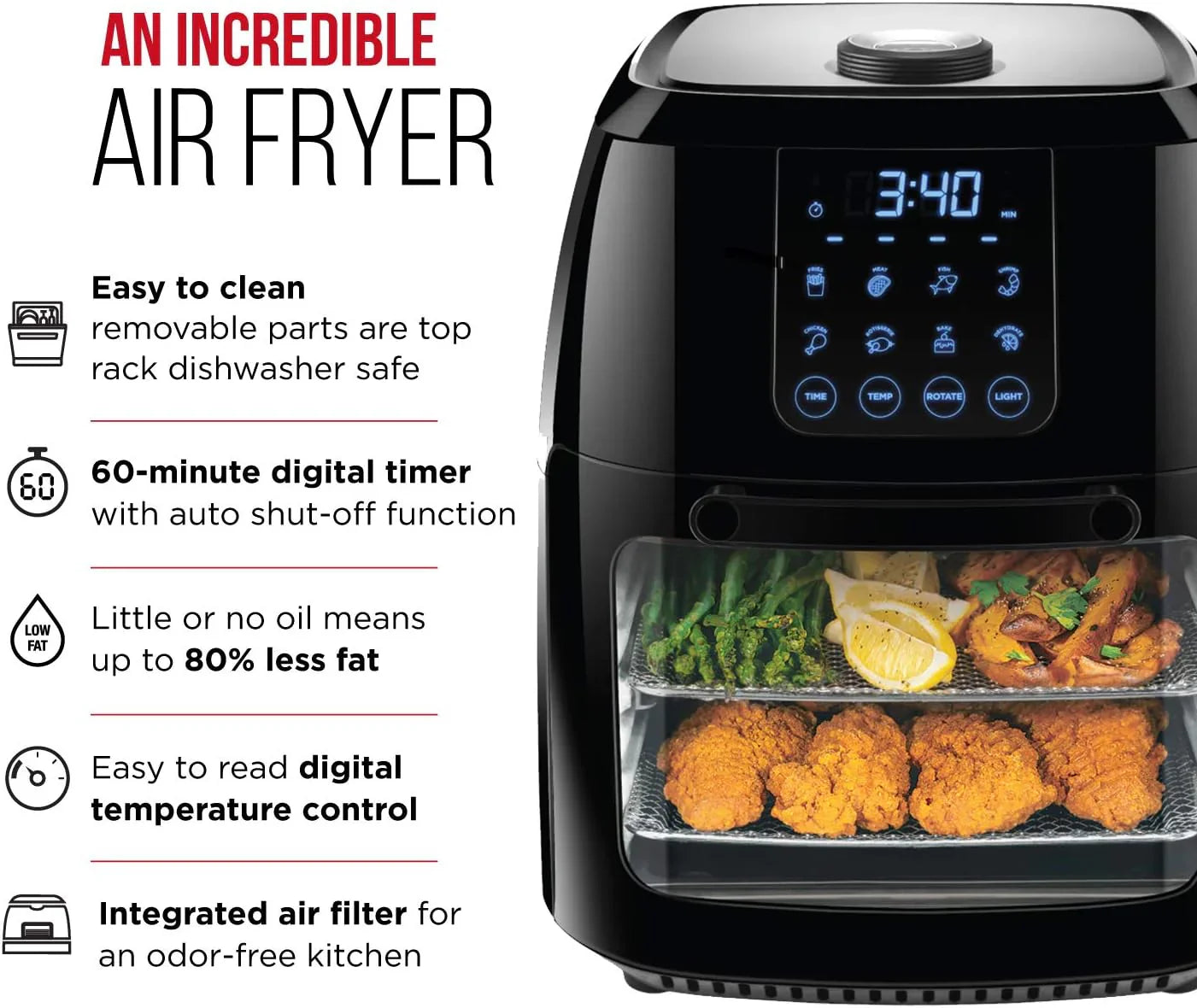 Chefman compacte digitale heteluchtfriteuse van 6,3 liter met draaispit, dehydrator en heteluchtoven, 8 aanraakgevoelige voorinstellingen. 