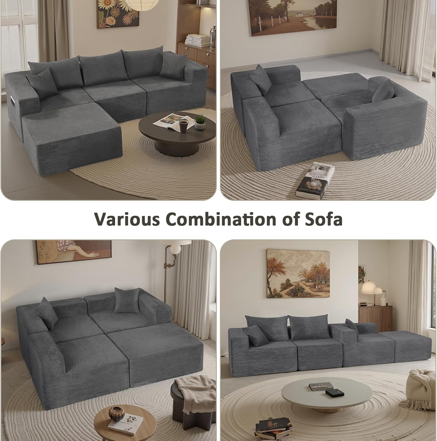 Cloud sofa with L-shaped lounge chair, modern modular sofa with deep seats