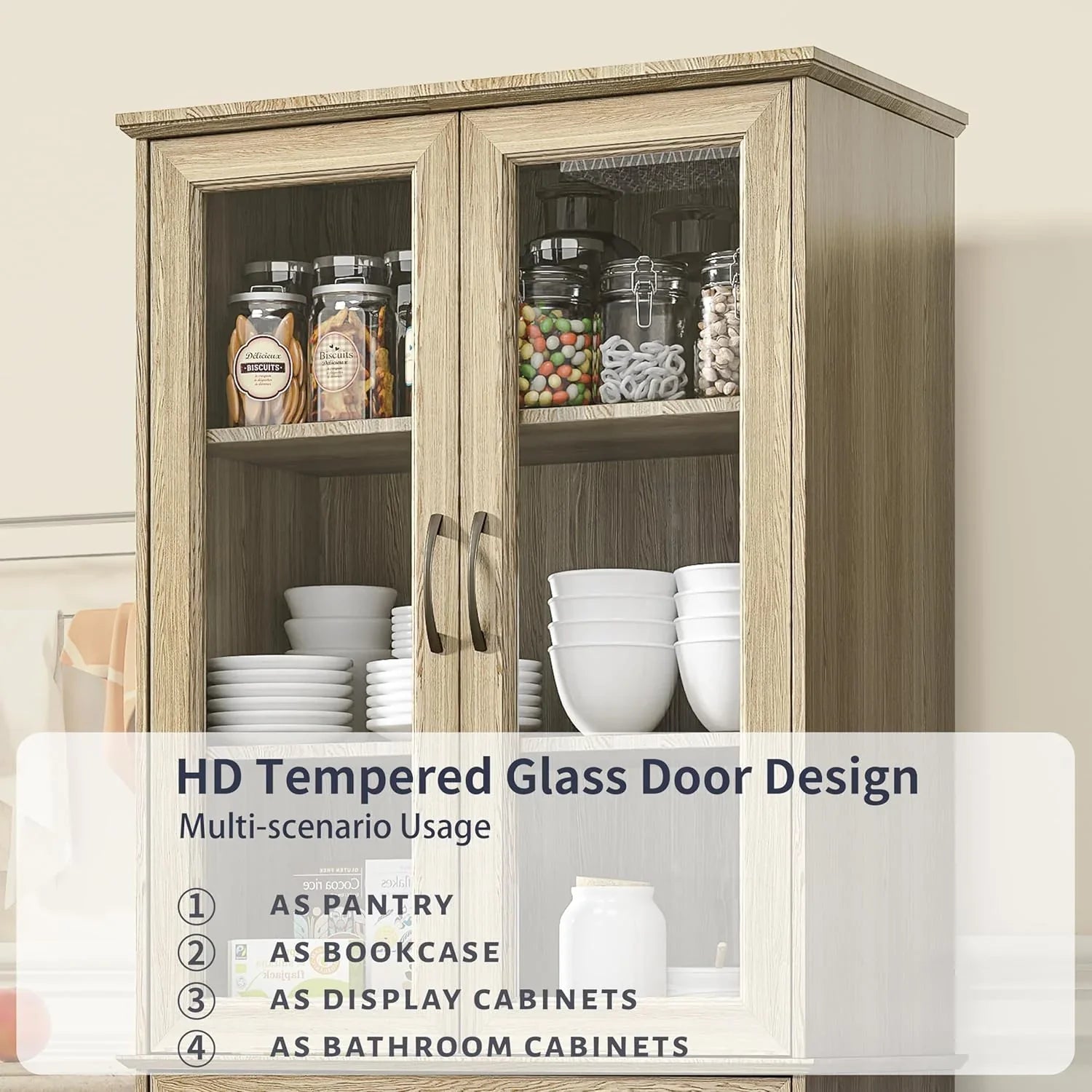 Armoire de garde-manger de 180 cm de haut avec portes vitrées