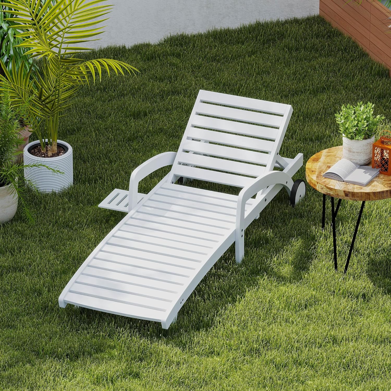 Chaise longue de piscine réglable à 5 positions Chaise longue en bois avec table d'appoint coulissante