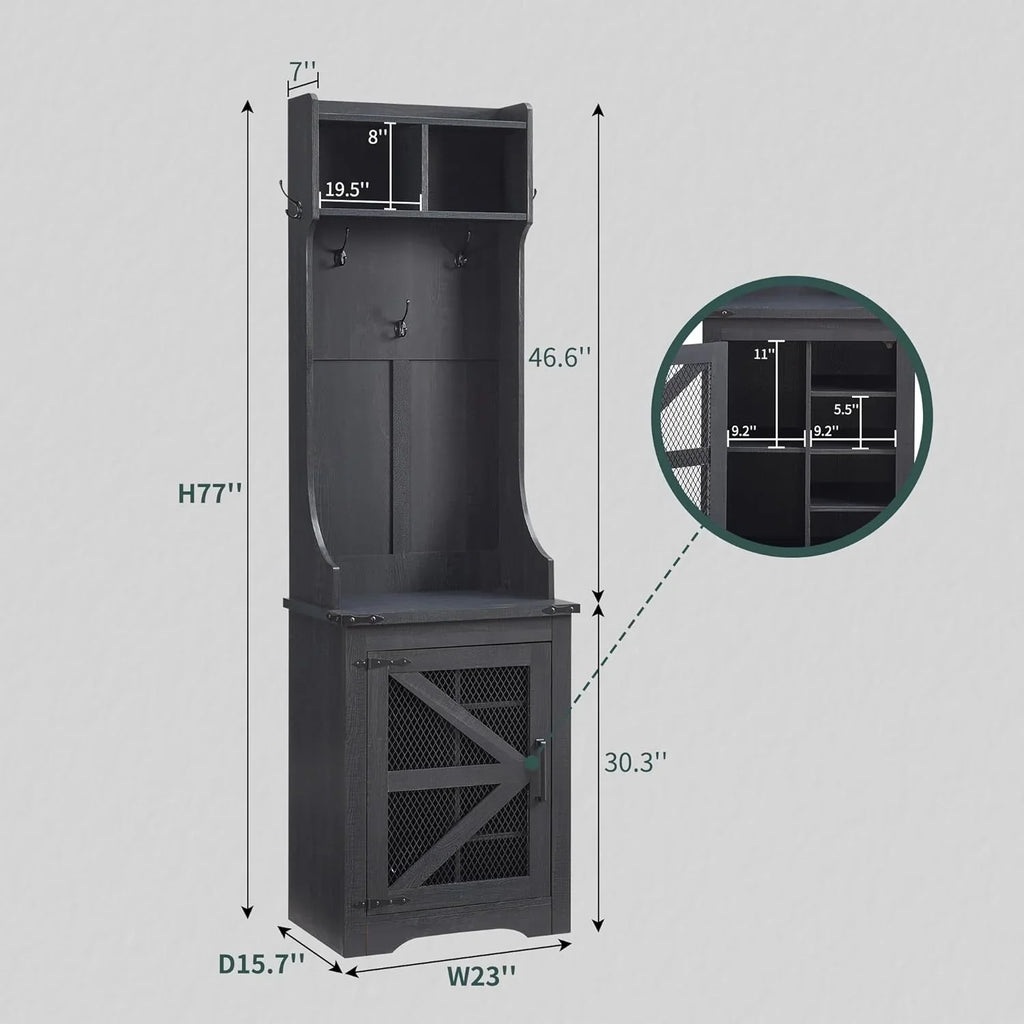 JXQTLINGMU Arbre de foyer de ferme de 59 pouces avec rangement pour chaussures, banc d'entrée, porte-manteau, armoire