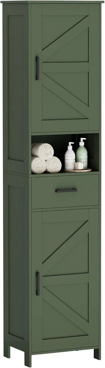 Meuble de rangement de salle de bain Homhedy de 67 po de hauteur avec 2 portes de grange et 1 tiroir