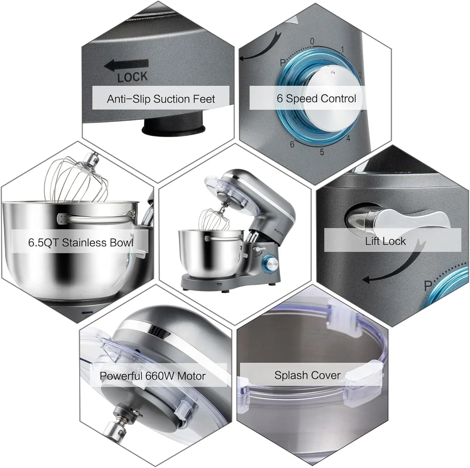 Batteur sur socle Aucma, 6,5 pintes, 660 W, 6 vitesses, tête inclinable, batteur électrique de cuisine avec crochet pétrisseur