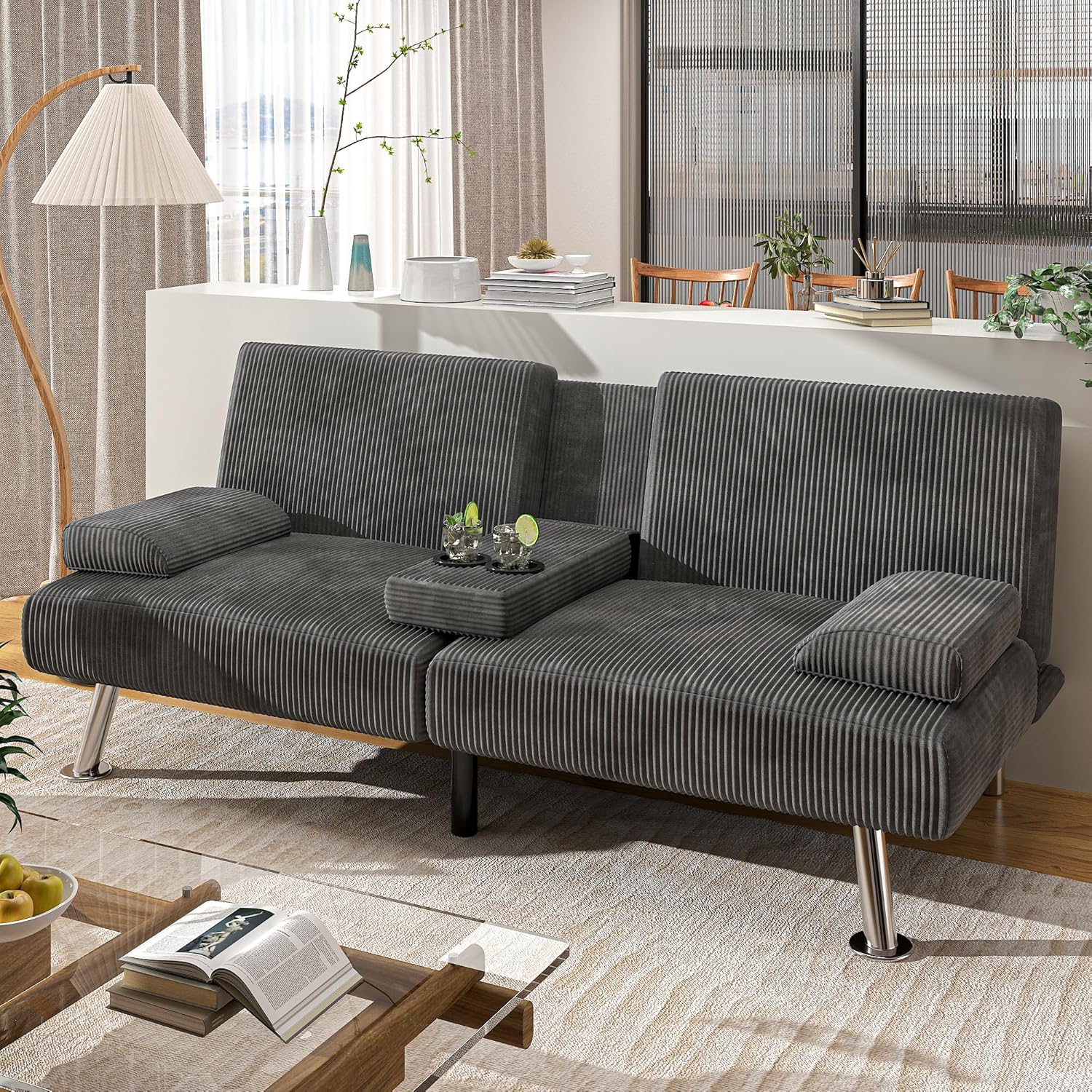 Canapé-lit futon convertible et pliable en lin moderne Shahoo avec accoudoirs amovibles, pieds en métal et 2 porte-gobelets pour le salon