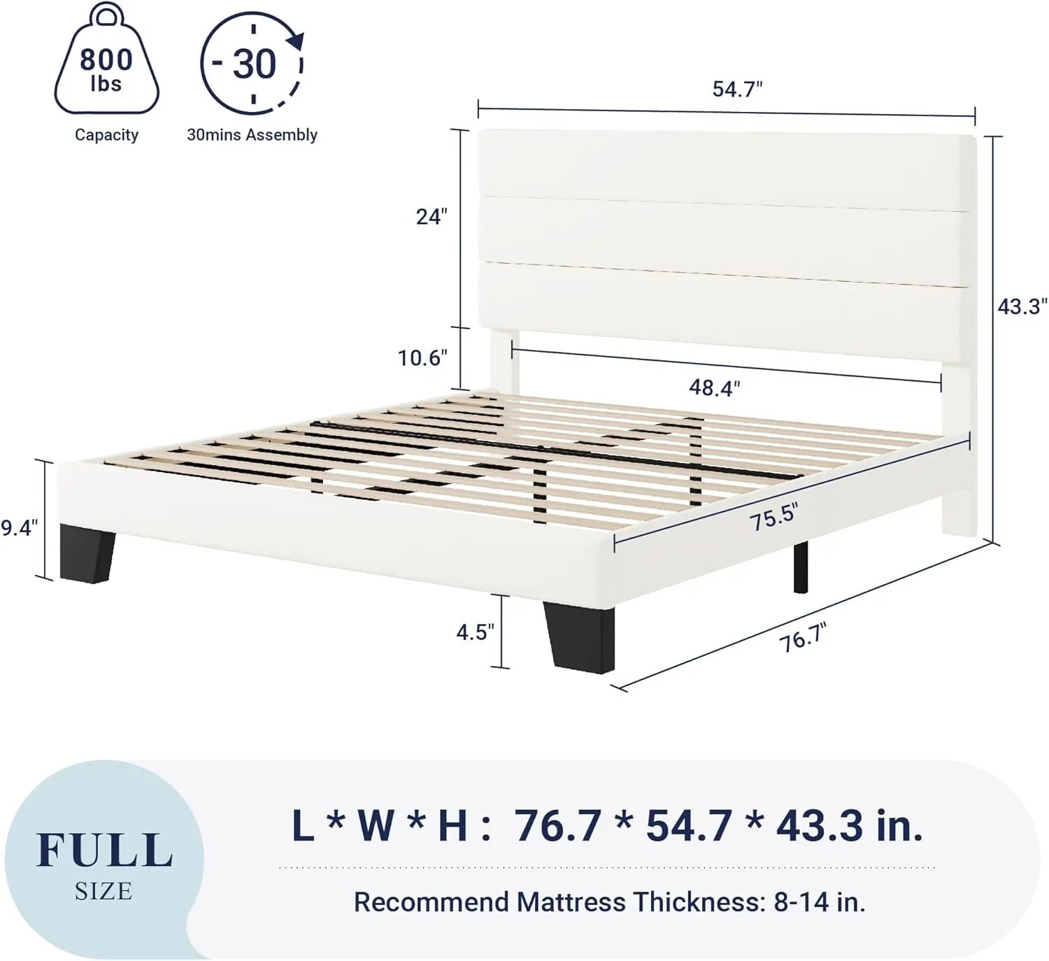 Cadre de lit plateforme Allewie Queen Size avec tête de lit rembourrée en tissu et support à lattes en bois, sommier entièrement rembourré (pas besoin de sommier)