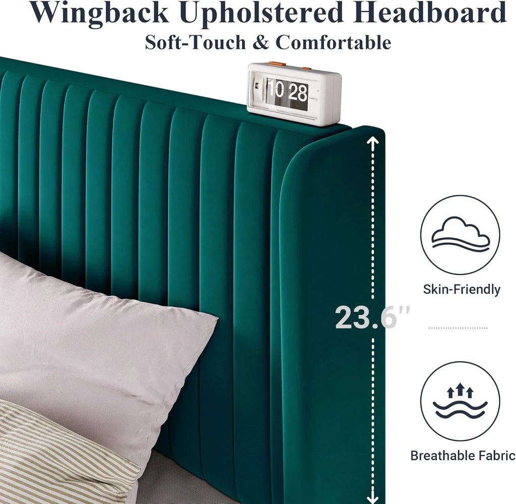 Cadre de lit Allewie en velours pleine grandeur/tête de lit capitonnée à oreilles verticales/lit plateforme rembourré/lattes en bois robustes