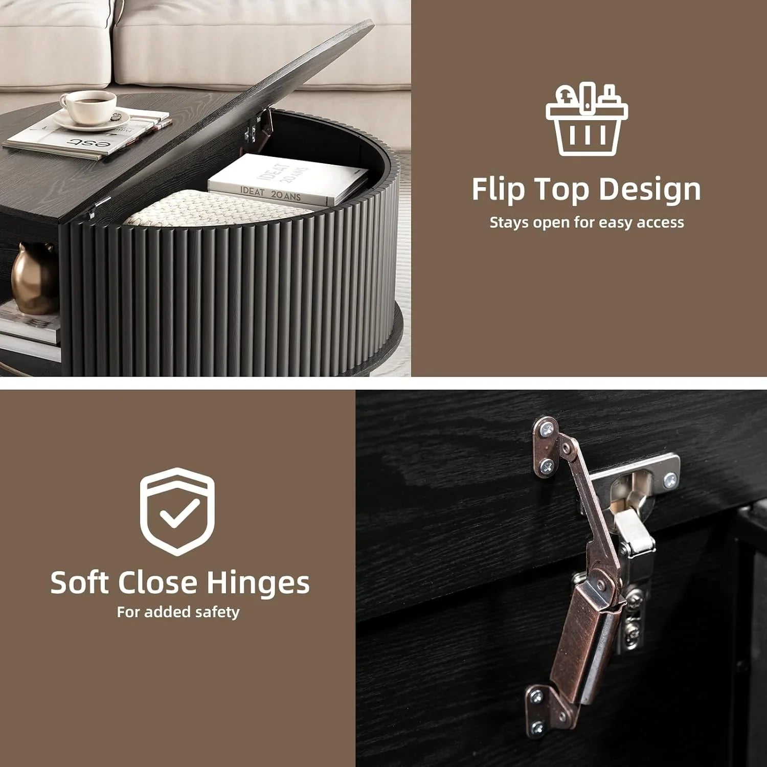 Table basse ronde avec rangement, table centrale encastrée avec portes coulissantes