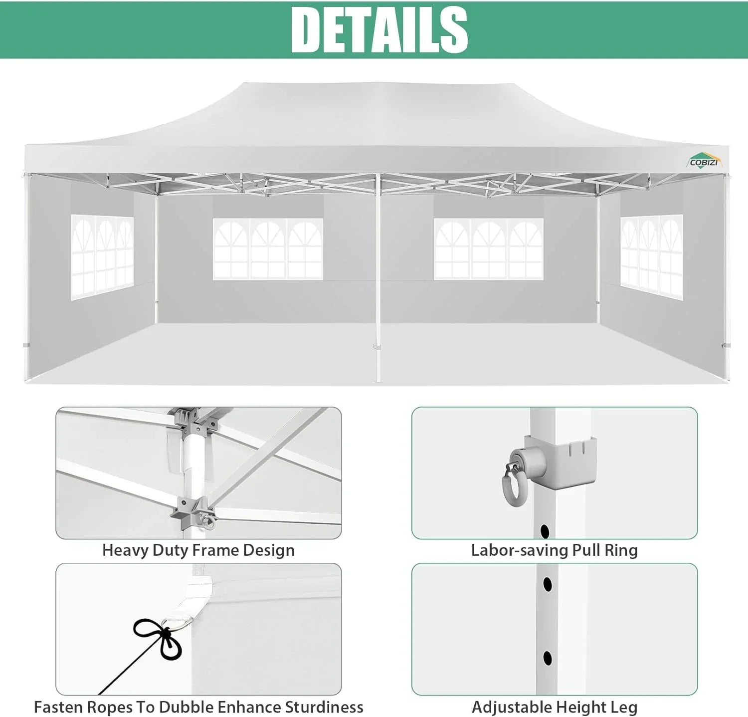 Tente pop-up robuste COBIZI 10x20 avec 6 parois latérales, facile à installer