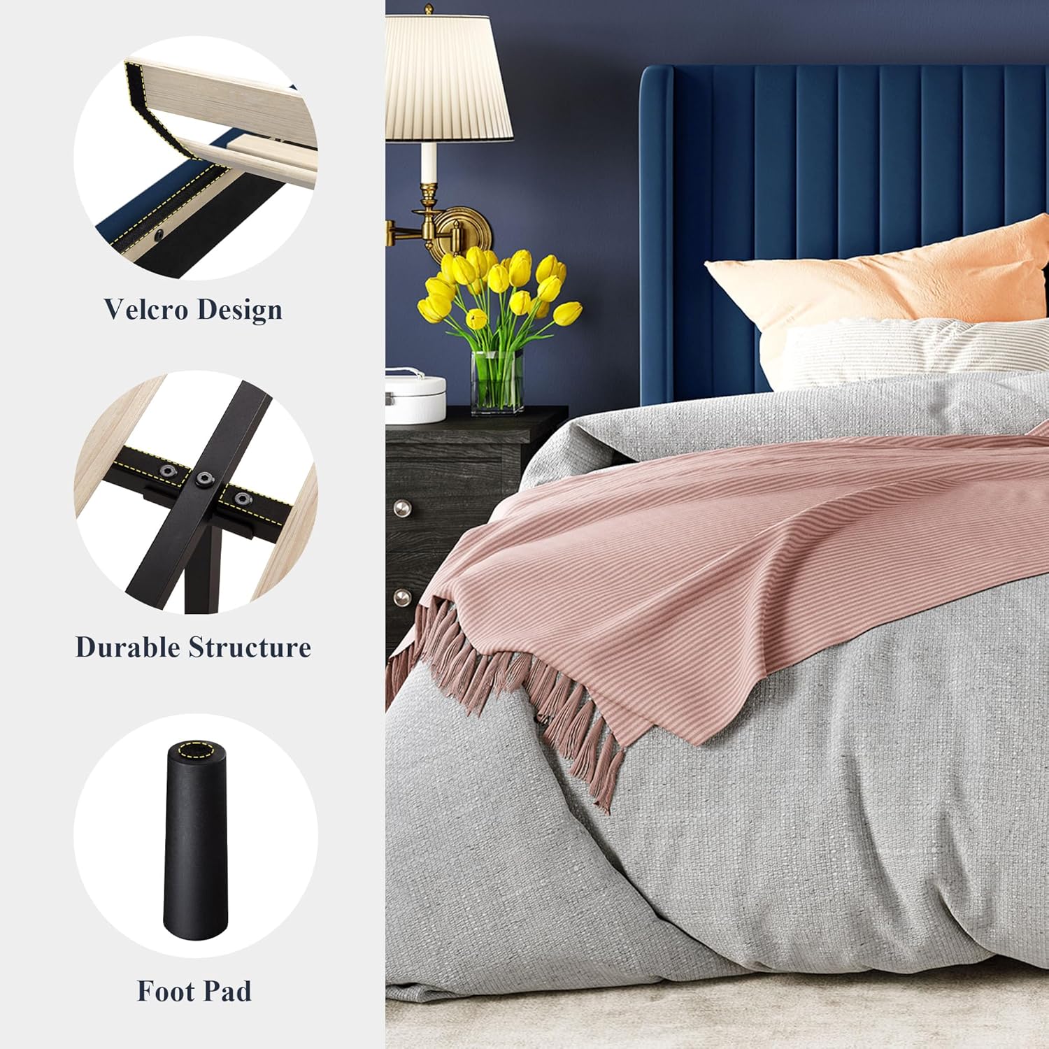 Cadre de lit Allewie en velours pleine grandeur/tête de lit capitonnée à oreilles verticales/lit plateforme rembourré/lattes en bois robustes