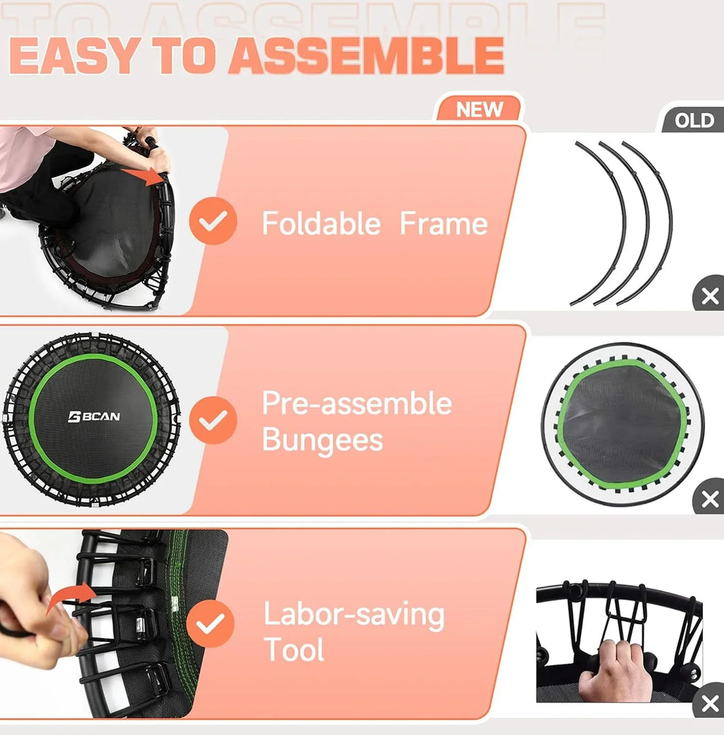 Mini-trampoline pliable BCAN 450/550 lb, trampoline de fitness 40"/48" stable et silencieux