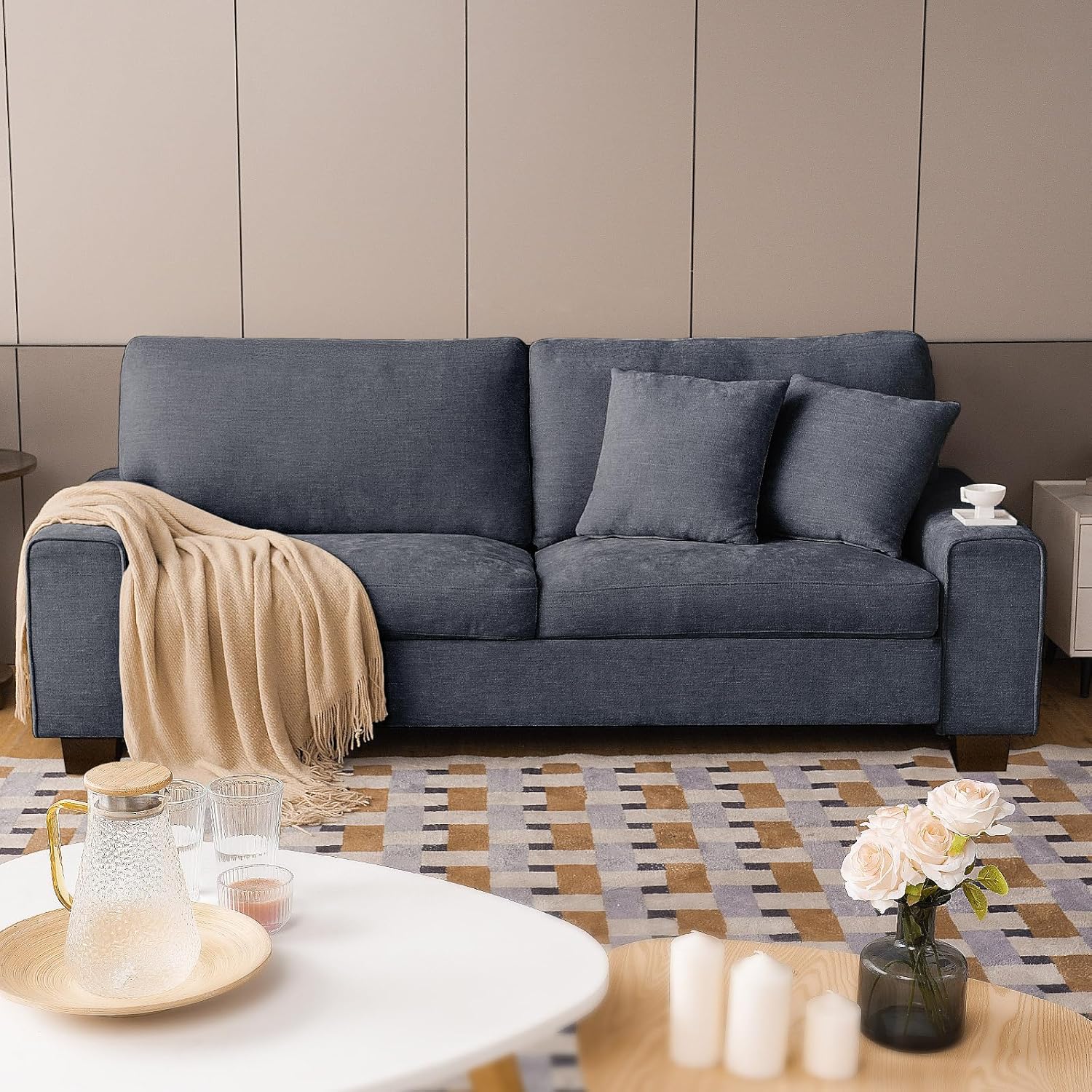 DOPEDIO tweepersoonsbank voor de woonkamer, chenille fauteuil, afneembaar, massief houten frame 