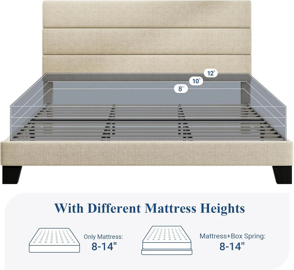 Cadre de lit plateforme Allewie Queen Size avec tête de lit rembourrée en tissu et support à lattes en bois, sommier entièrement rembourré (pas besoin de sommier)