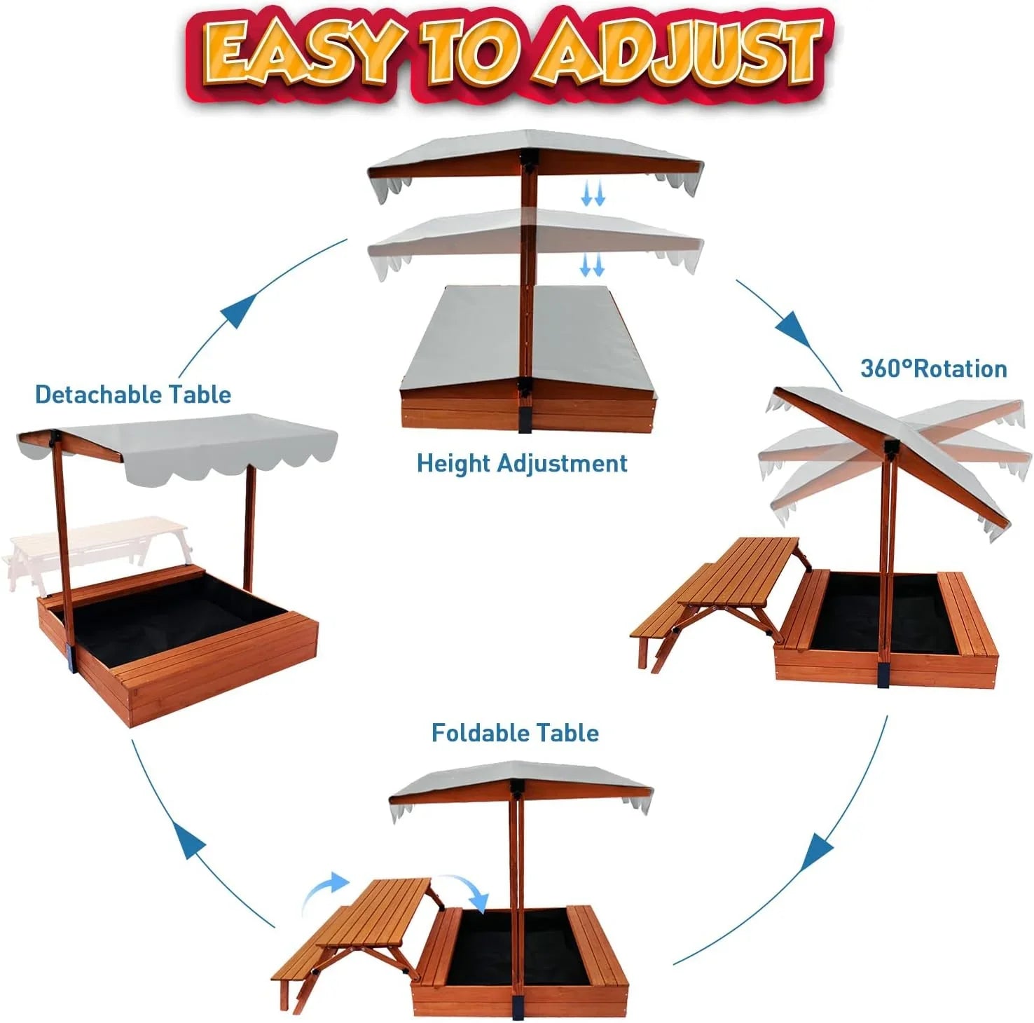 Bac à sable en bois pour enfants avec couvercle, bac à sable extérieur avec table de pique-nique, pliable
