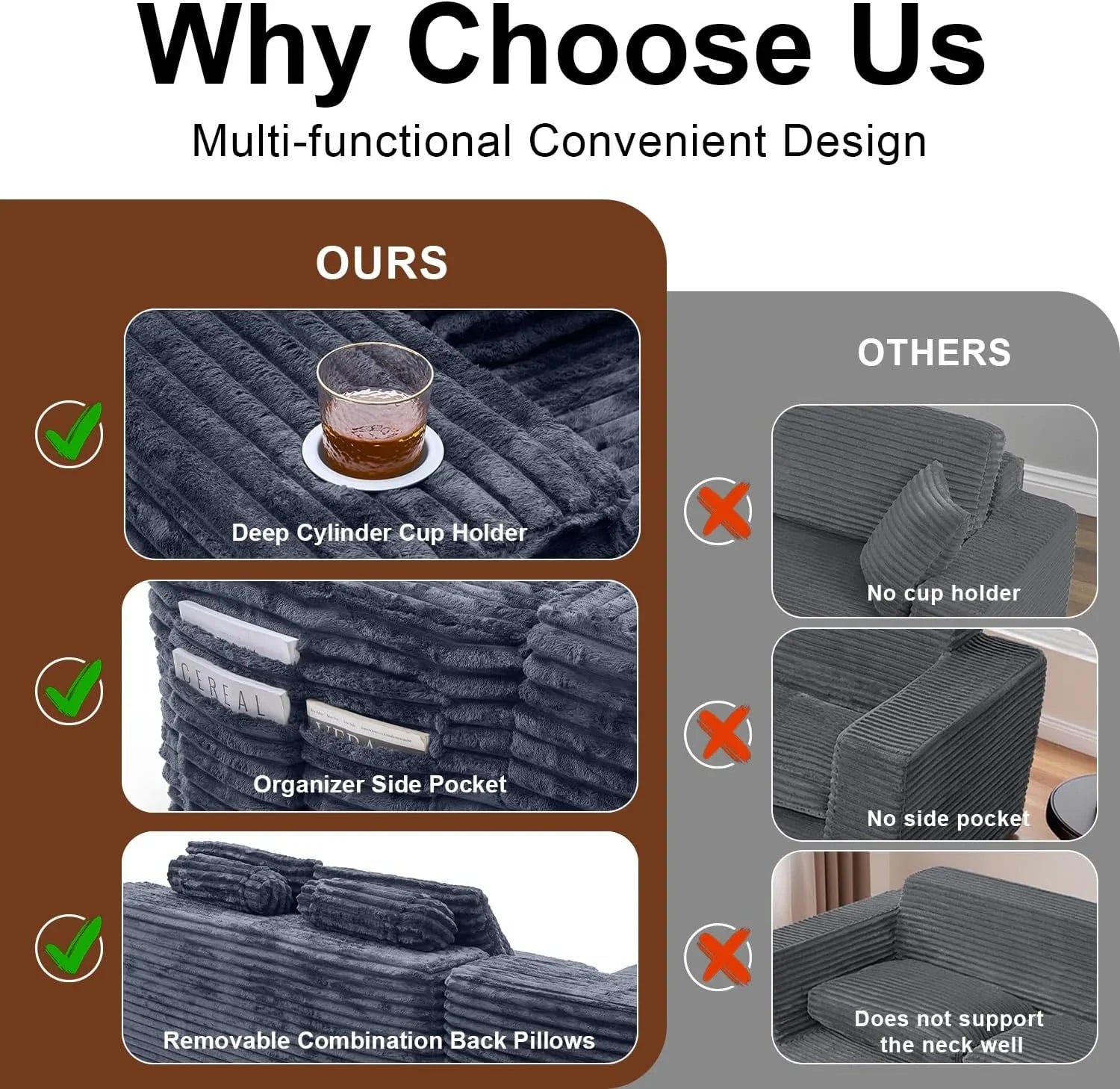 Canapé sectionnel Cloud avec méridienne en L, canapé modulaire moderne avec assise profonde, porte-gobelet intégré et poche de rangement