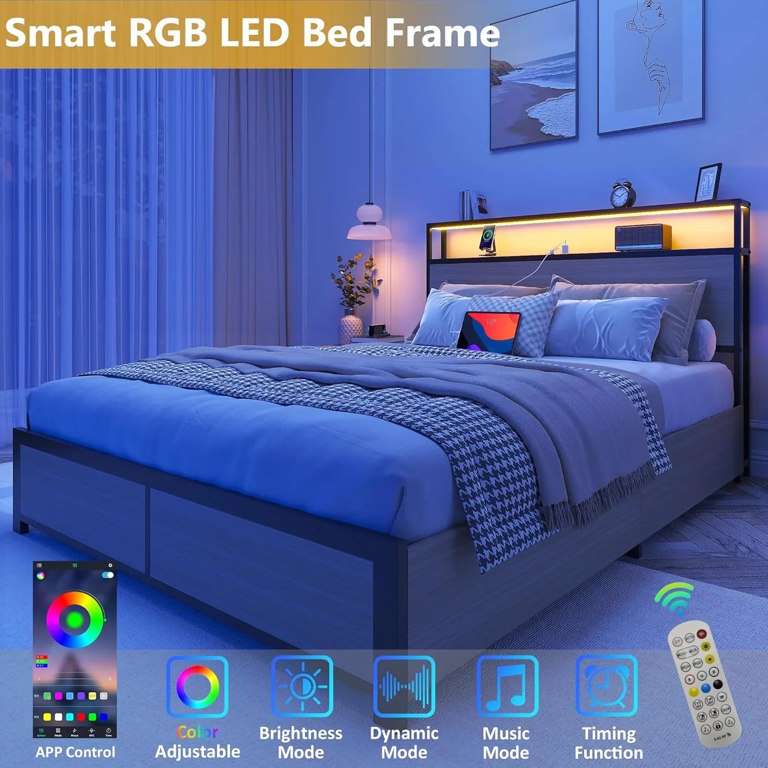 Cadre de lit Queen Lifezone avec tête de lit double et plateau de rangement en métal