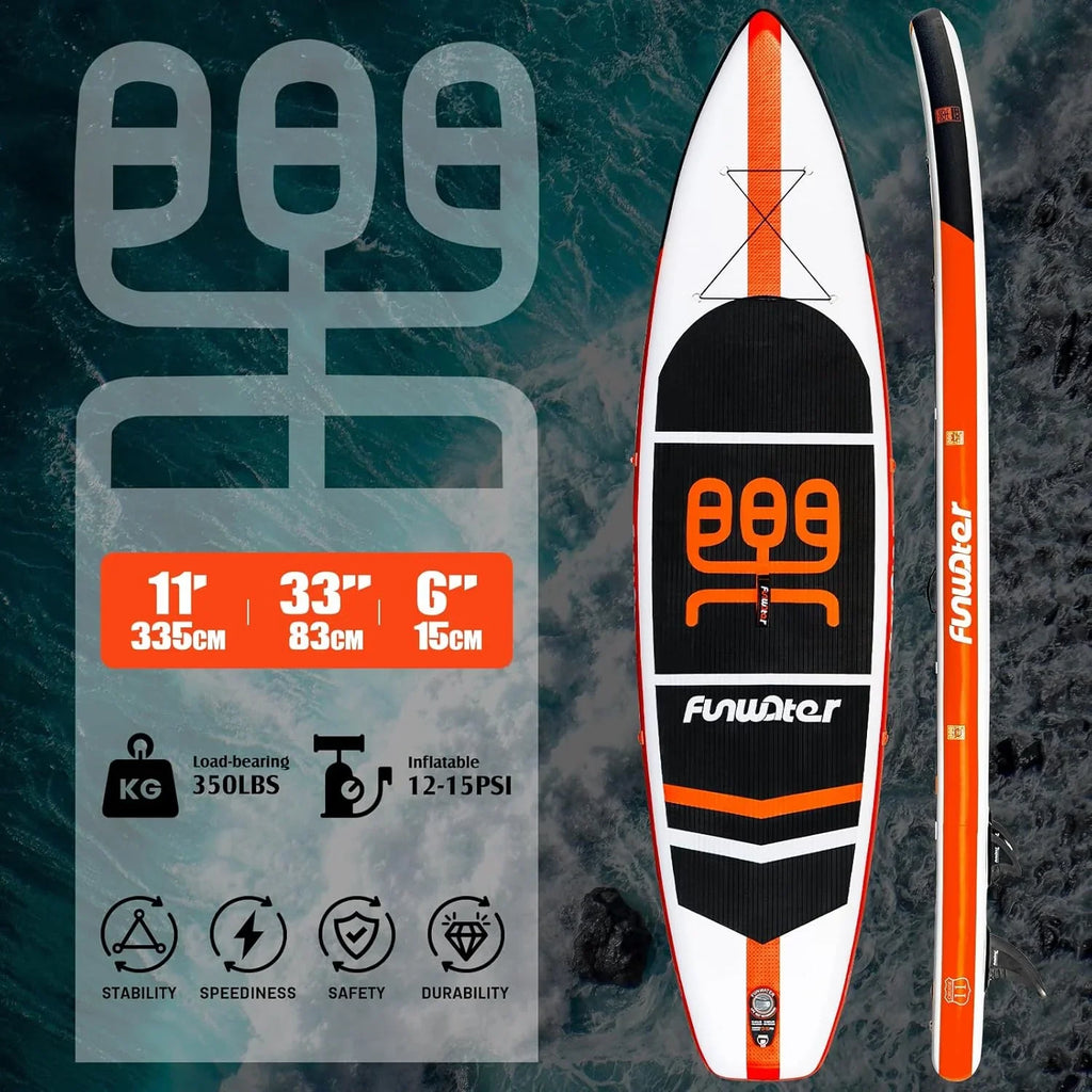 Planche de stand up paddle gonflable FunWater avec accessoires de pagaie SUP haut de gamme, pont EVA antidérapant, pagaie 11'/10'6'