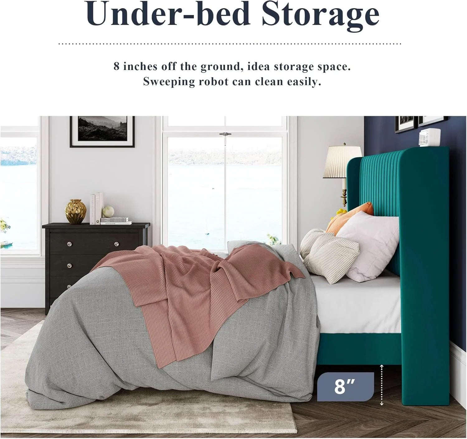 Cadre de lit Allewie en velours pleine grandeur/tête de lit capitonnée à oreilles verticales/lit plateforme rembourré/lattes en bois robustes