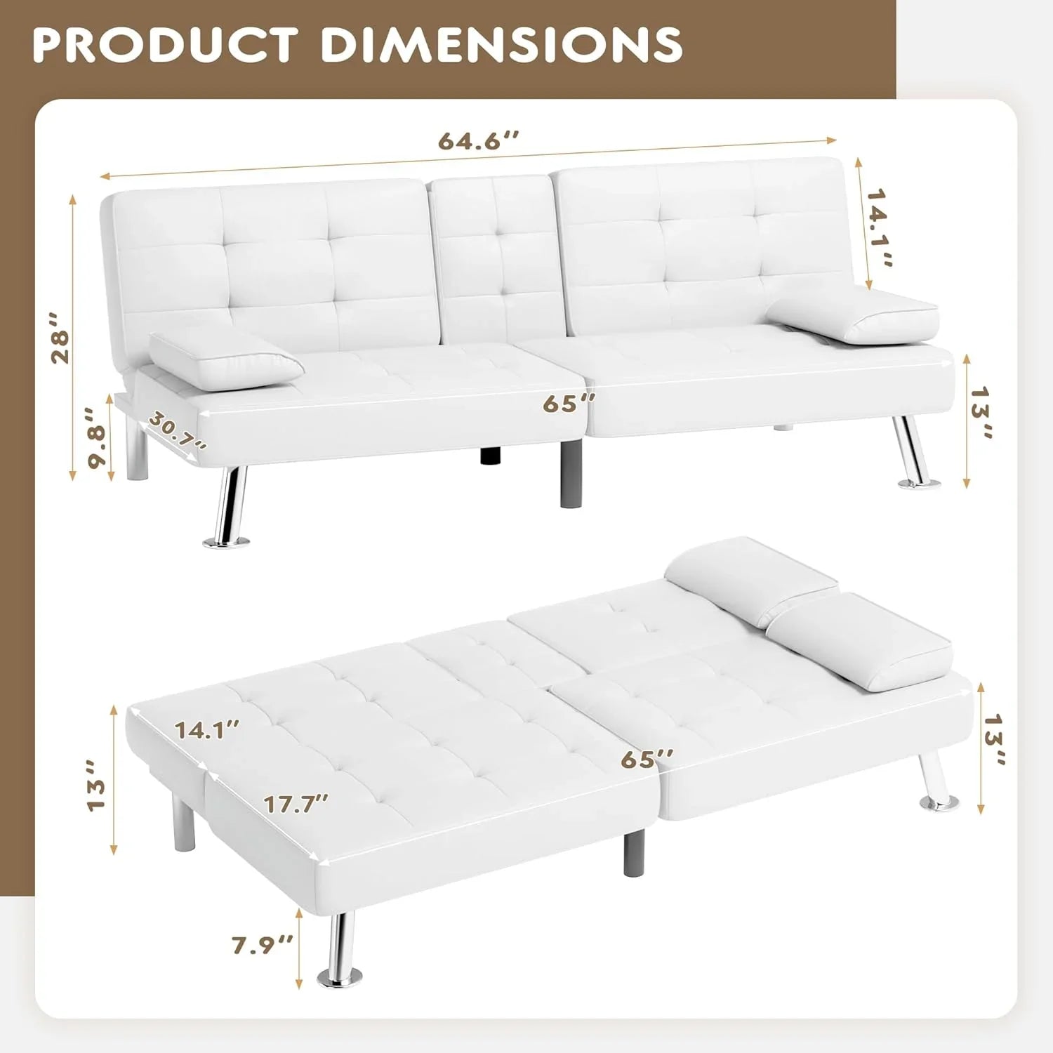 Canapé-lit futon Homall, canapé-lit futon en cuir avec accoudoirs amovibles, canapé-lit inclinable réglable avec deux porte-gobelets pour salon et appartement