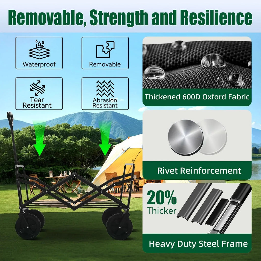 Chariot pliable à 4 roues, pliable, 37 pouces de long, capacité de 480 lb, chariot de plage robuste, chariot de courses avec roues