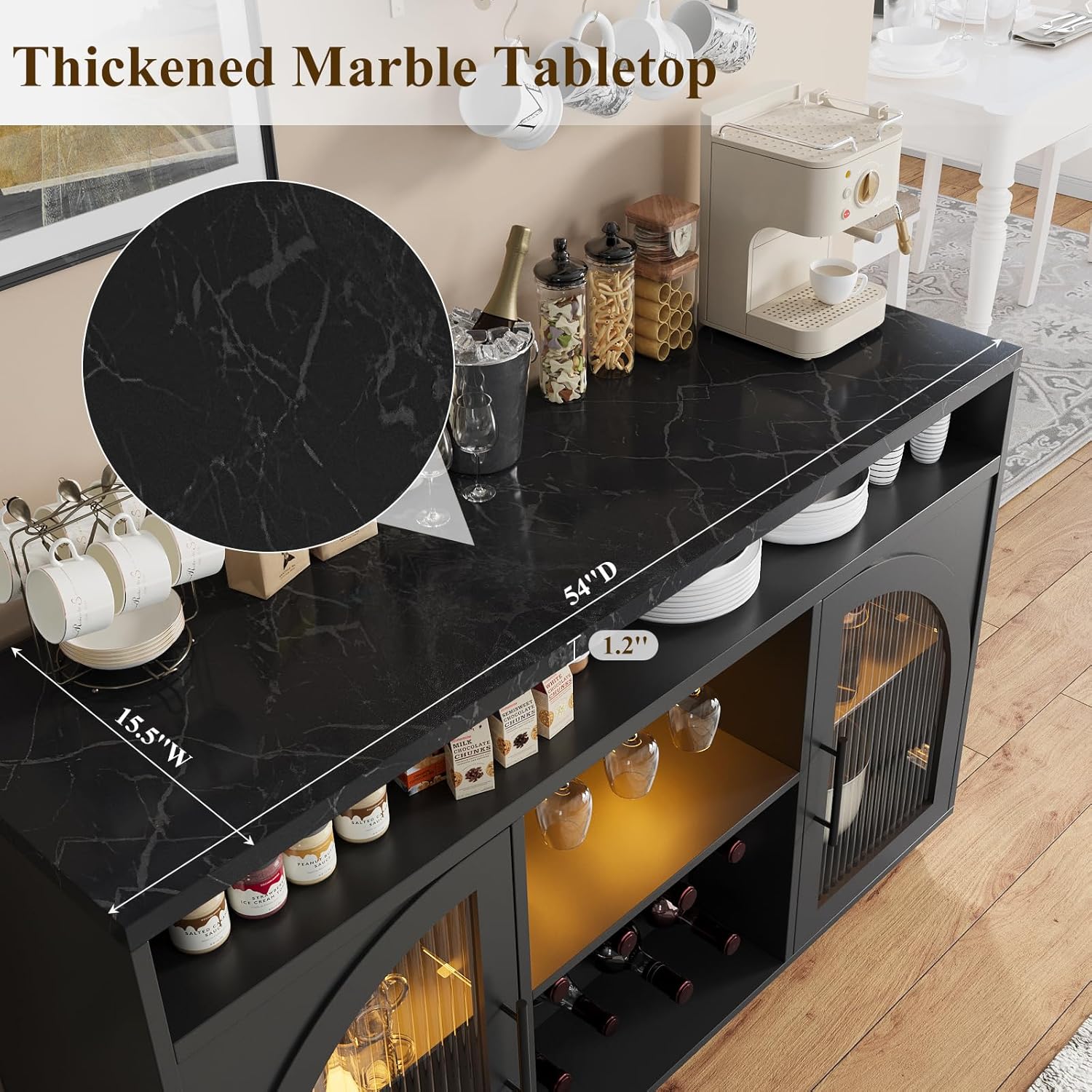 Buffet, armoire de cuisine de 54 pouces avec lumières LED et portes en verre cintrées, armoire de bar haute