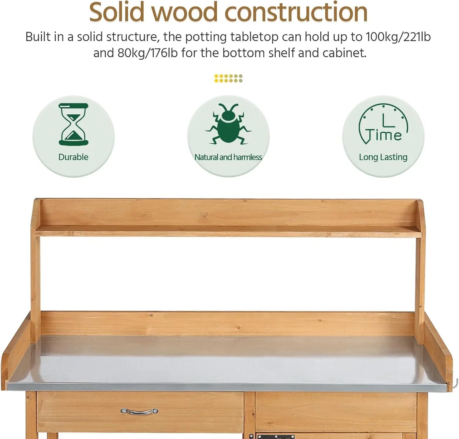 Yaheetech Banc de jardin extérieur avec plateau en métal et tiroir, étagère ouverte, bois naturel