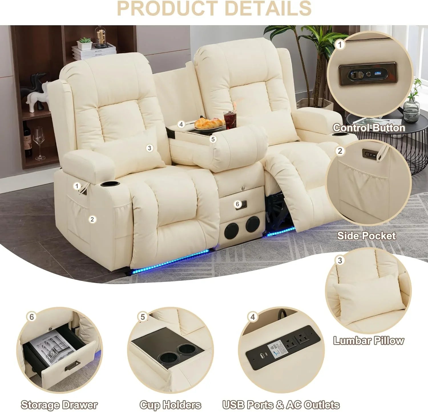 Canapé inclinable électrique TUNYI avec fonctions massage et chauffage, siège home cinéma avec console, canapé inclinable électrique pour camping-car