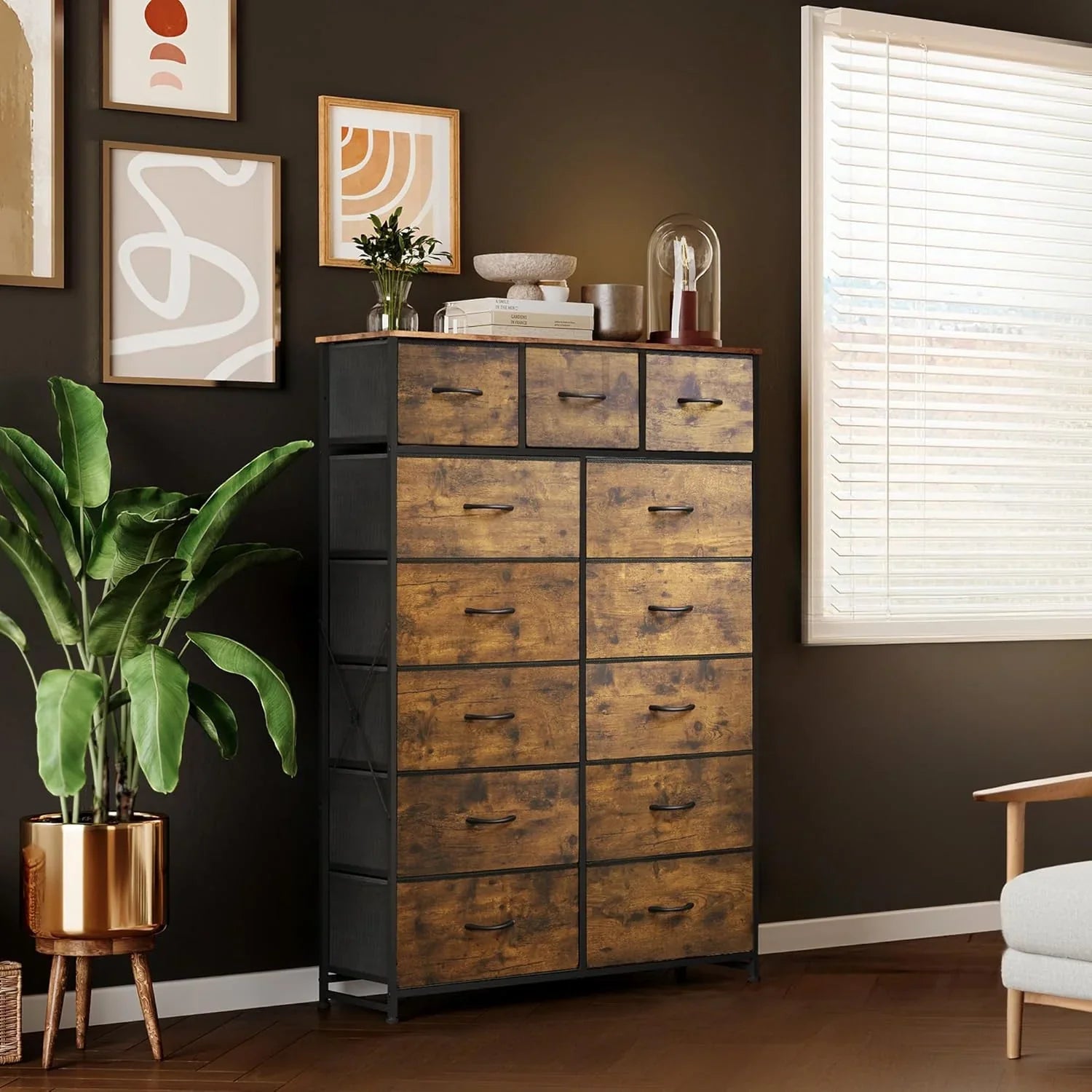 Meuble de rangement WLIVE avec 13 bacs en tissu, tiroirs de rangement avec cadre en acier, grande tour de rangement pour salon, couloir, bureau, noir anthracite